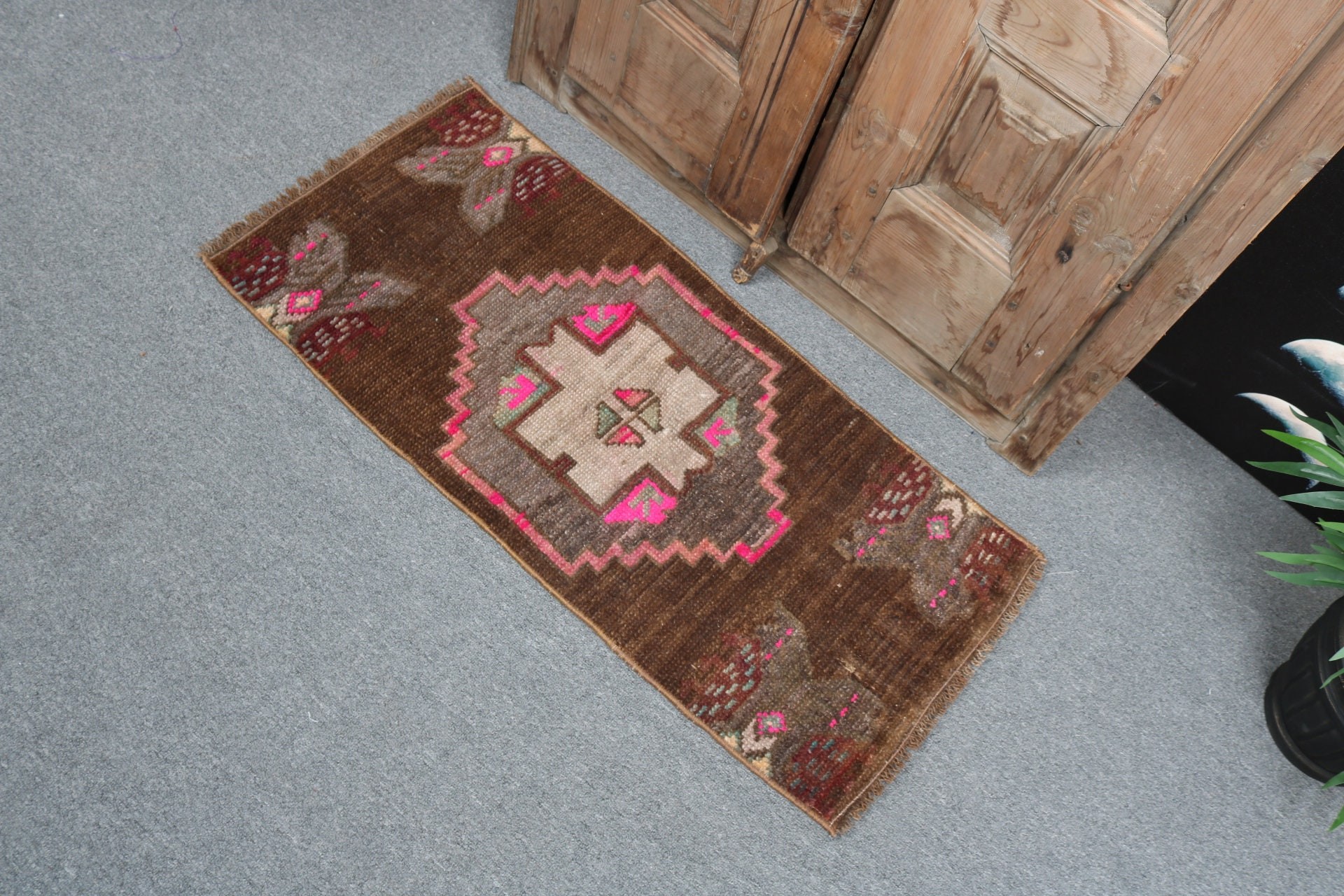 Turkish Rug, Small Area Rug, Brown Geometric Rugs, Luxury Rug, Wall Hanging Rugs, Vintage Rug, 1.4x3.1 ft Small Rugs, Kitchen Rugs