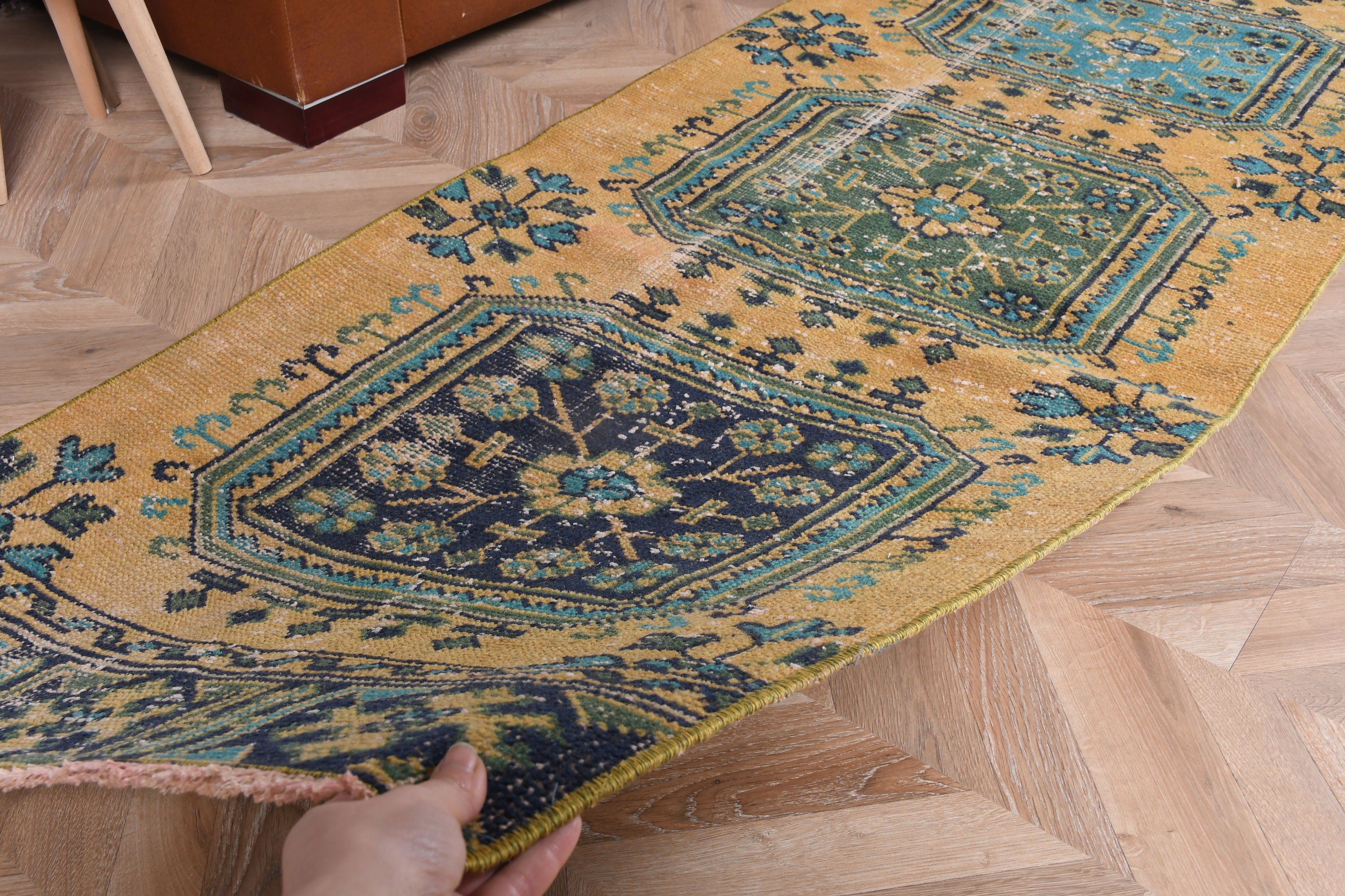 Sarı Oushak Halı, 2.5x10.9 ft Yolluk Halısı, Mutfak Halıları, Türk Halıları, Oryantal Halı, Mutfak Halıları, Vintage Halı, Parlak Halı, Koridor Halısı