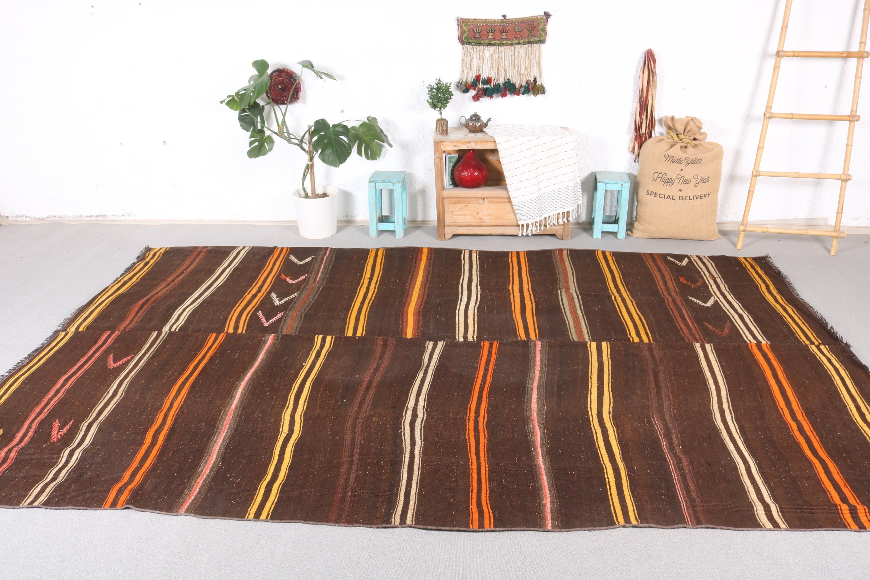 Kilim, Brown  7.1x11.9 ft Oversize Rug, Wool Rug, Vintage Rugs, Bedroom Rug, Dining Room Rug, Turkish Rugs, Saloon Rug