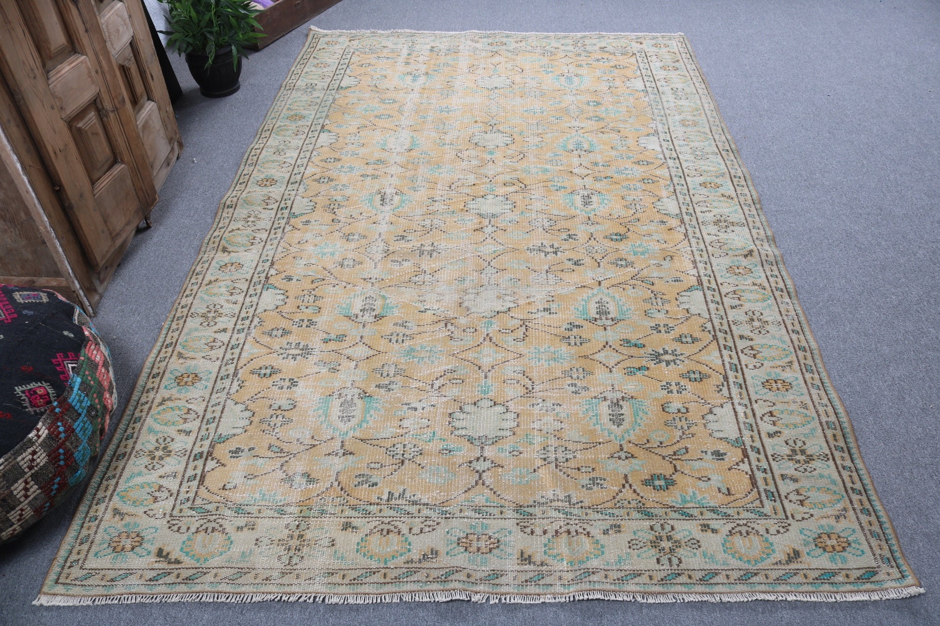 Vintage Halı, Oturma Odası Halısı, Açıklama Halısı, Türk Halısı, Sarı Soğuk Halı, Büyük Boho Halısı, 5.5x8.5 ft Büyük Halılar, Düz Dokuma Halılar, Yer Halısı