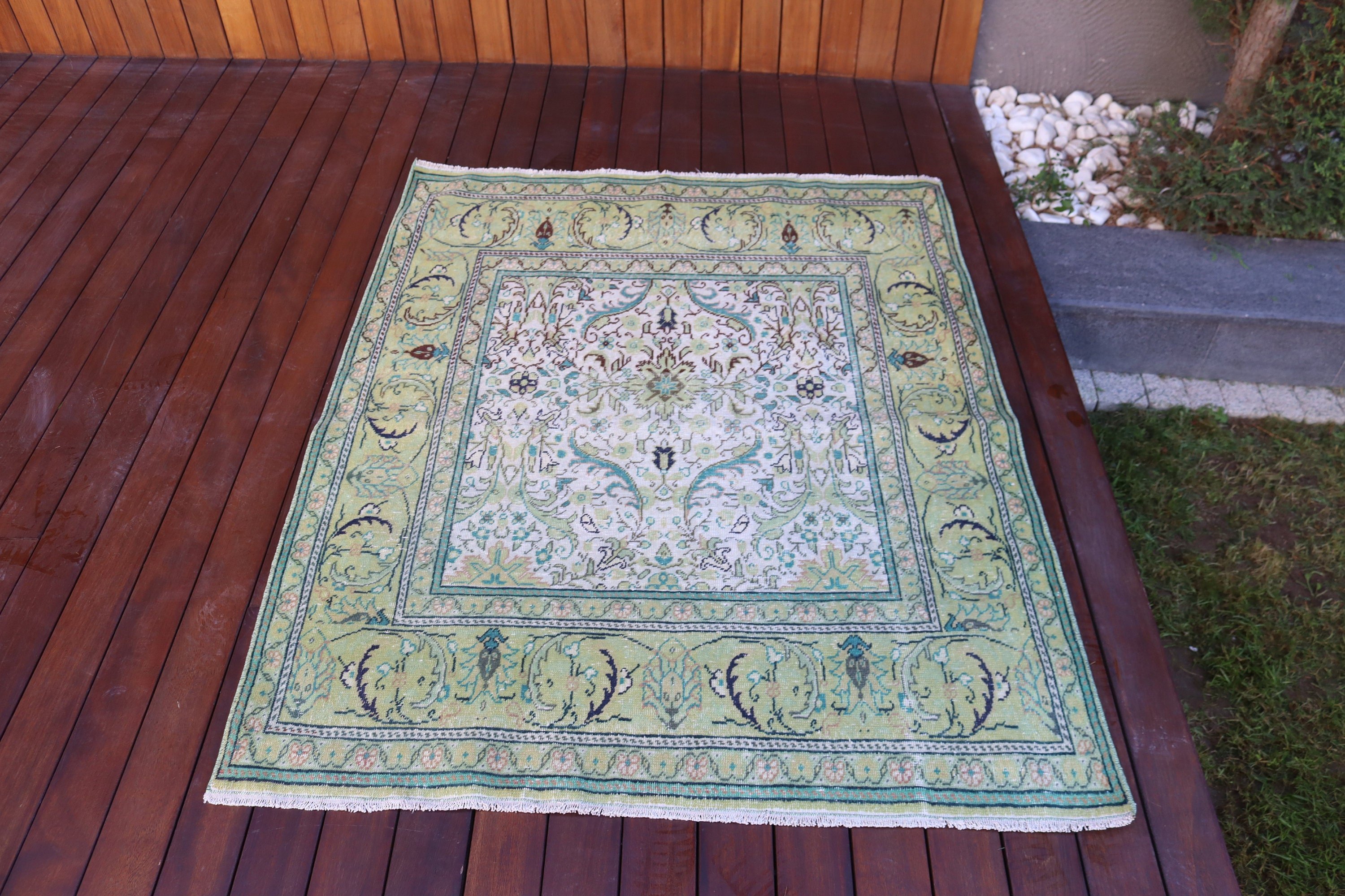 Türk Halıları, 3,8x4,7 ft Aksan Halıları, Boho Vurgu Halısı, Vintage Halı, Yatak Odası Halıları, Aztek Halısı, Fas Halısı, Yeşil El Dokuma Halısı, Mutfak Halısı