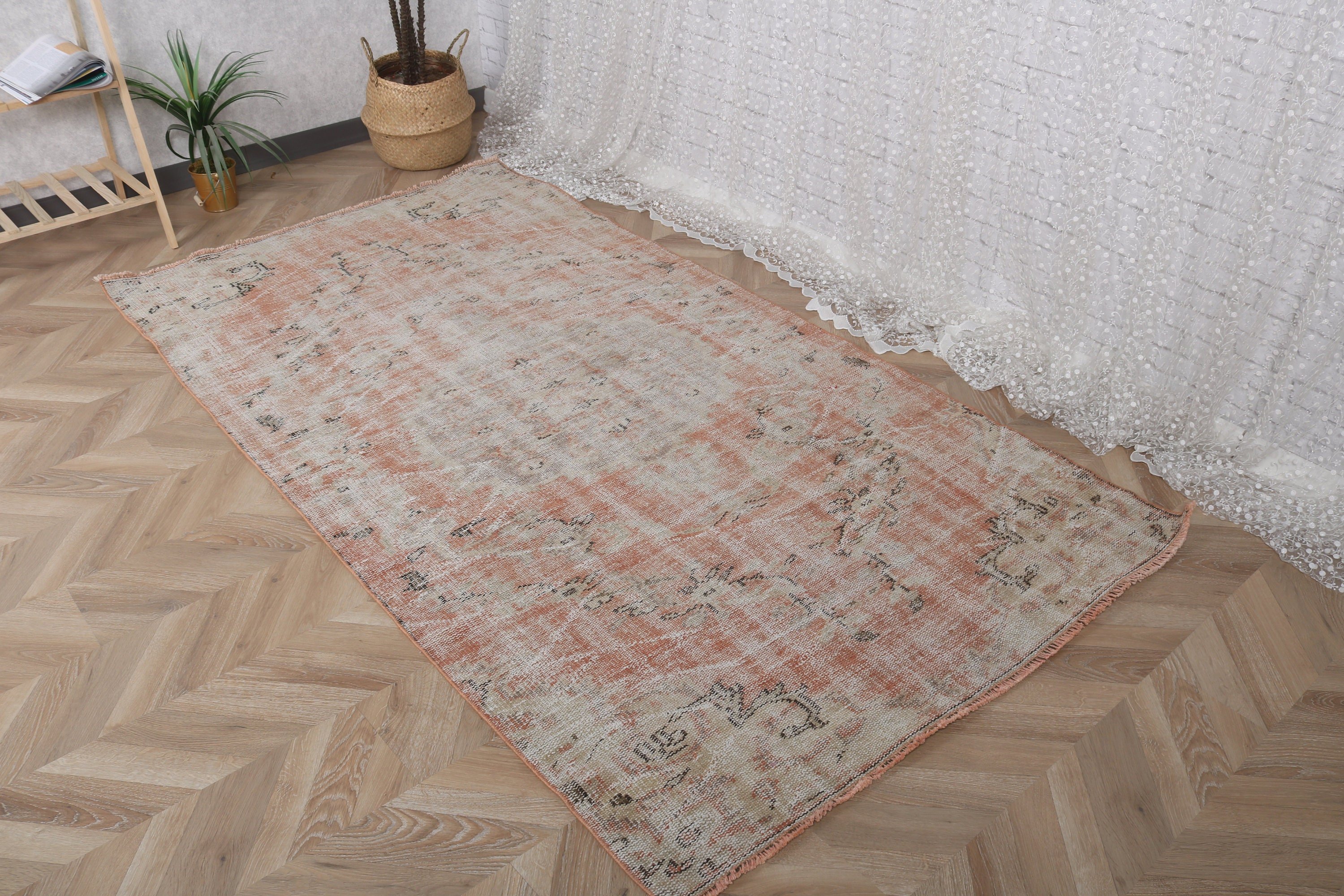 Boho Bölge Halıları, Yün Halı, Çocuk Halısı, 4x7,5 ft Alan Halıları, Türk Halısı, Vintage Halı, Oushak Bölgesi Halıları, Fas Halıları, Turuncu Yün Halı