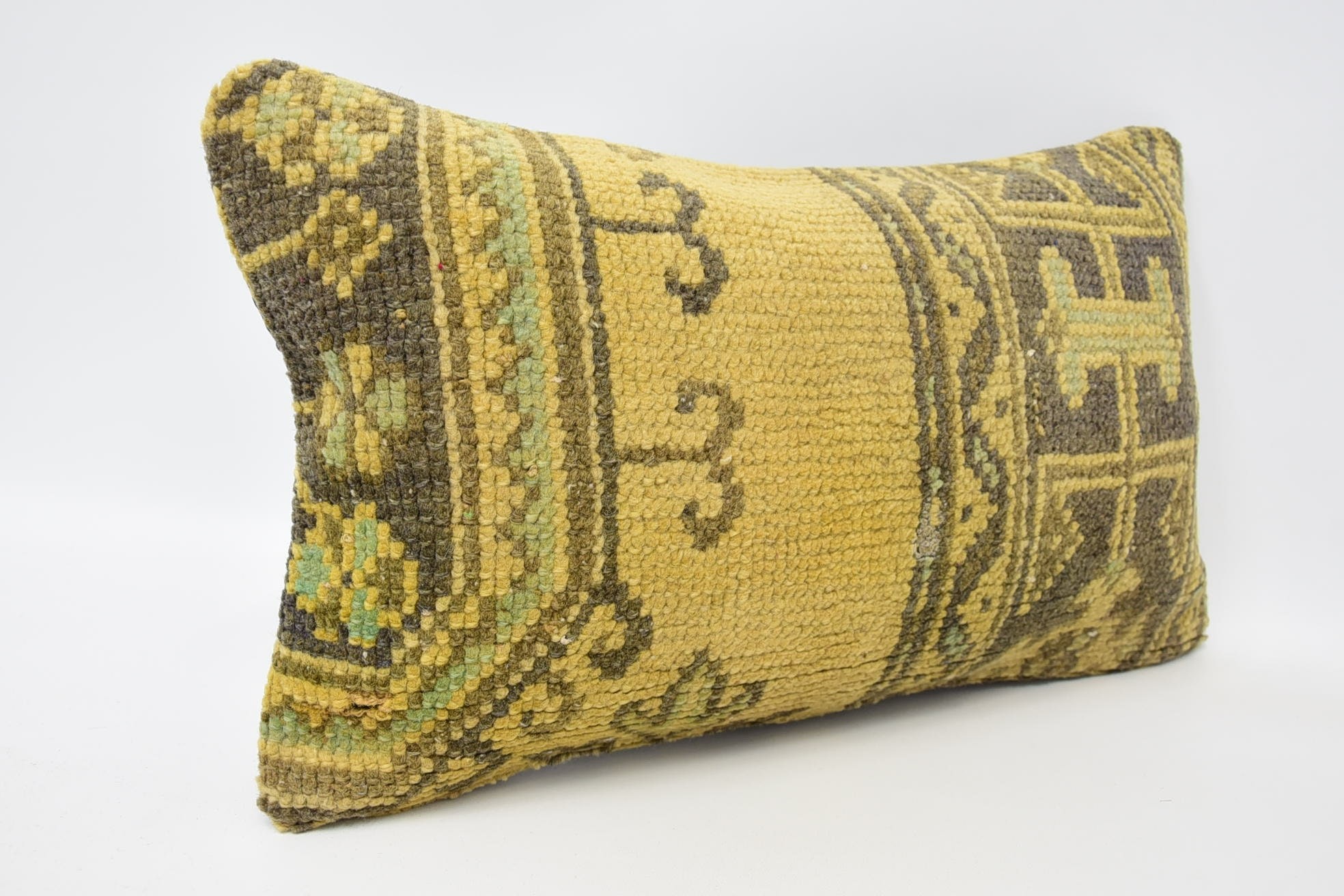 Floor Pillow Case, Designer Throw Cushion, 12"x20" Yellow Pillow, Vintage Pillow, Turkish Kilim Pillow, Pillow for Couch