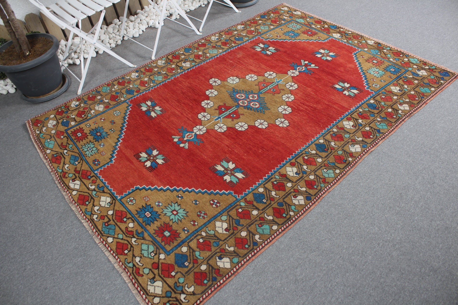 Rugs for Bedroom, 5.1x7.2 ft Area Rug, Vintage Rugs, Antique Rug, Red Floor Rug, Distressed Rug, Kitchen Rugs, Turkish Rug