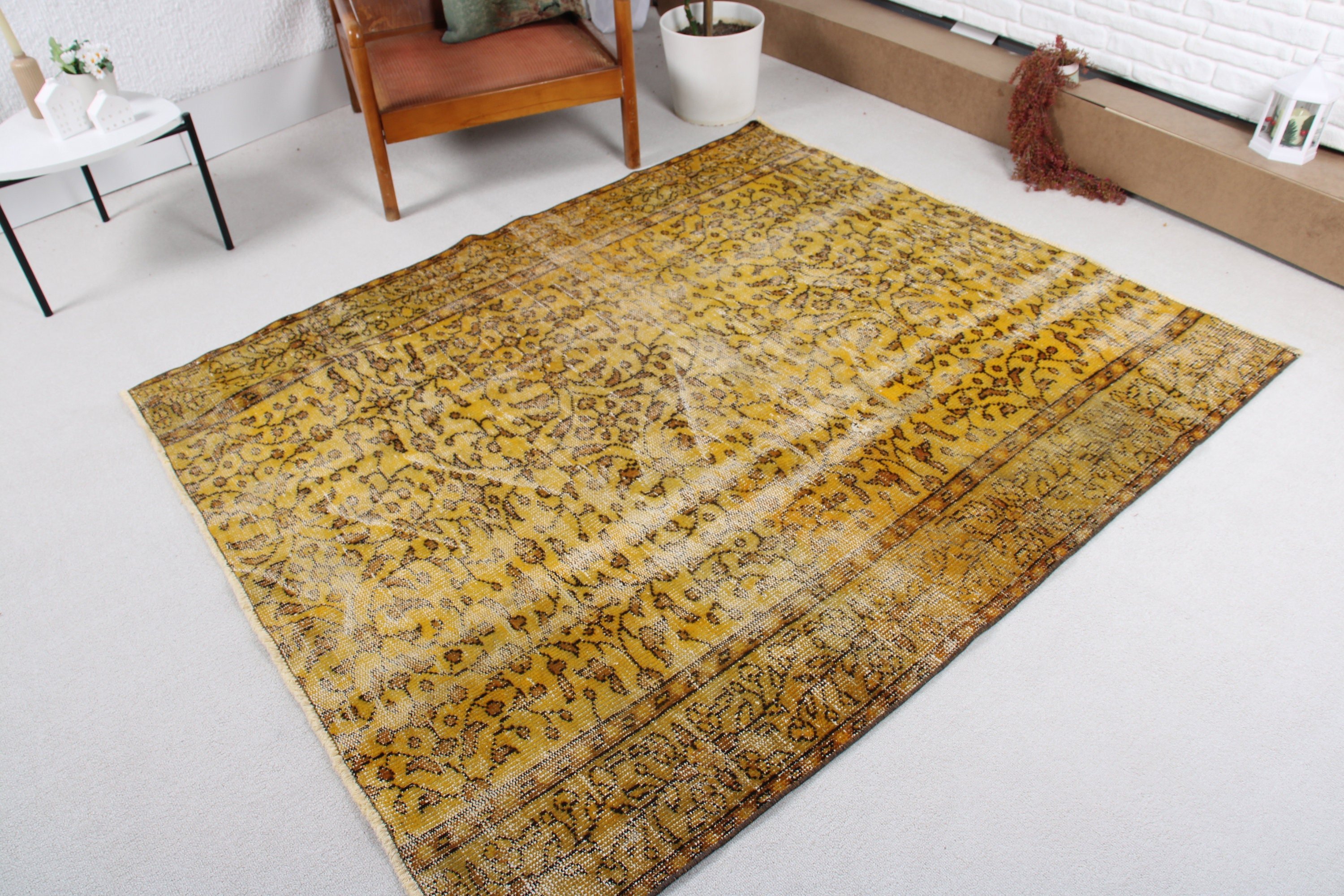 Turkish Rugs, Boho Rug, Tribal Rug, Kitchen Rugs, Vintage Area Rugs, Vintage Rugs, 5.1x6 ft Area Rugs, Yellow Neutral Rugs, Indoor Rug