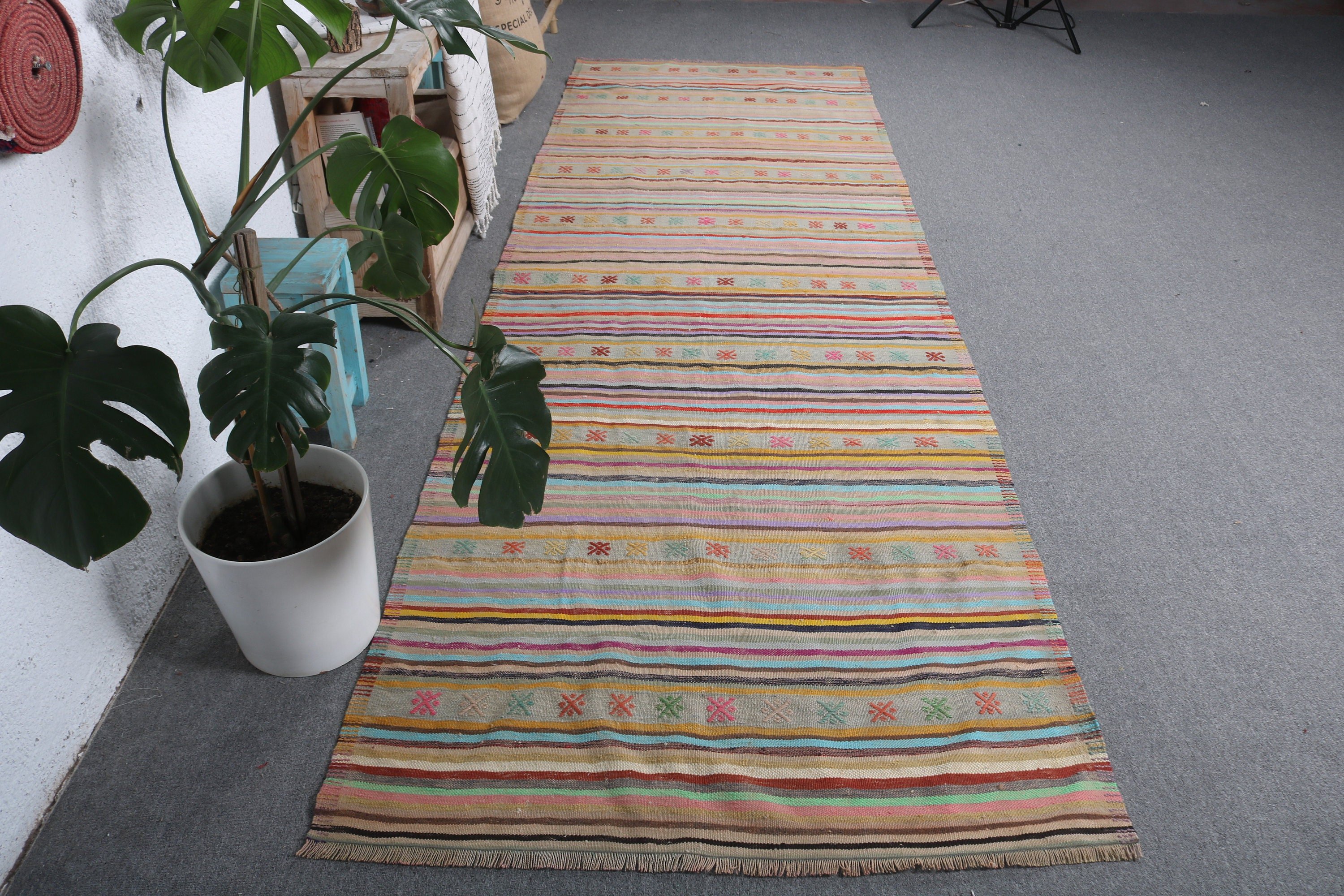 Gökkuşağı Fas Halıları, Vintage Halı, Vintage Halı, Kilim, 3,7x11,1 ft Runner Halıları, Türk Halıları, Modern Halılar, Koridor Halısı, Yün Halılar