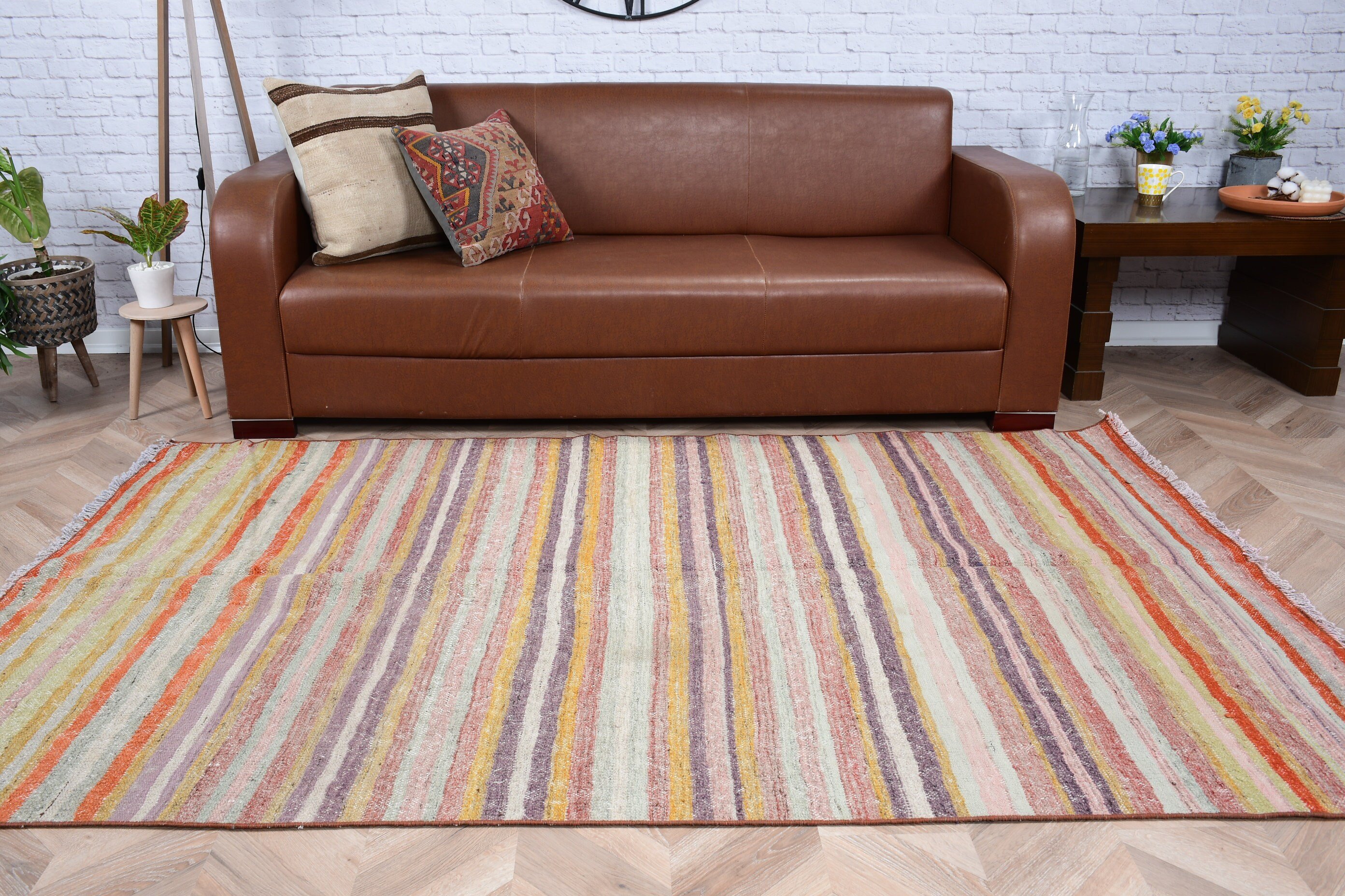 Cool Halı, 4.6x7.4 ft Alan Halısı, Bohem Halıları, Çocuk Halıları, Vintage Halı, Kilim, Pembe Yün Halı, Türk Halıları, Oturma Odası Halısı