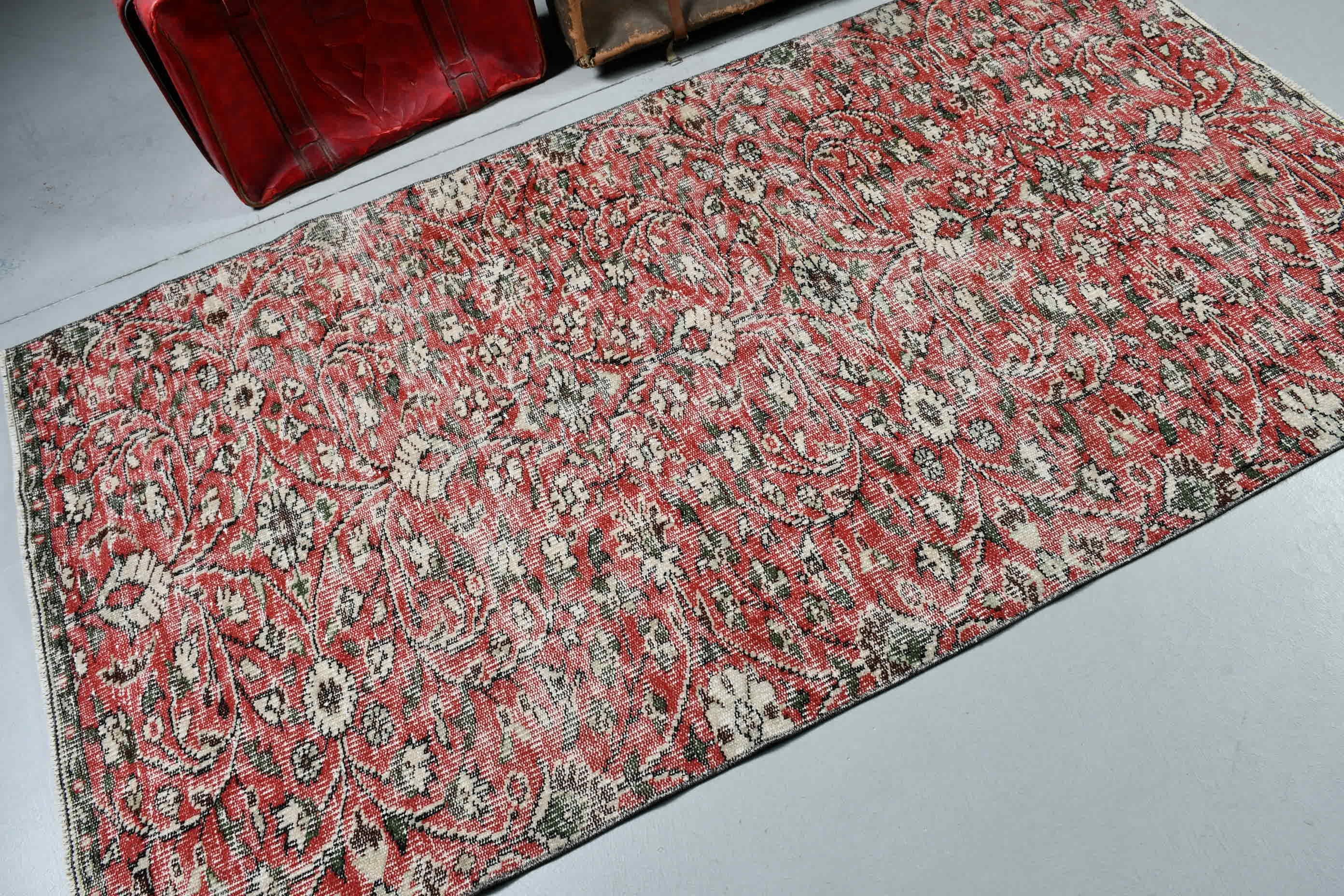 Türk Halısı, 4x7,1 ft Alan Kilimi, Yemek Odası Halısı, Vintage Halı, Kırmızı Yün Halı, Oturma Odası Halısı, Alan Halıları, Fas Halısı