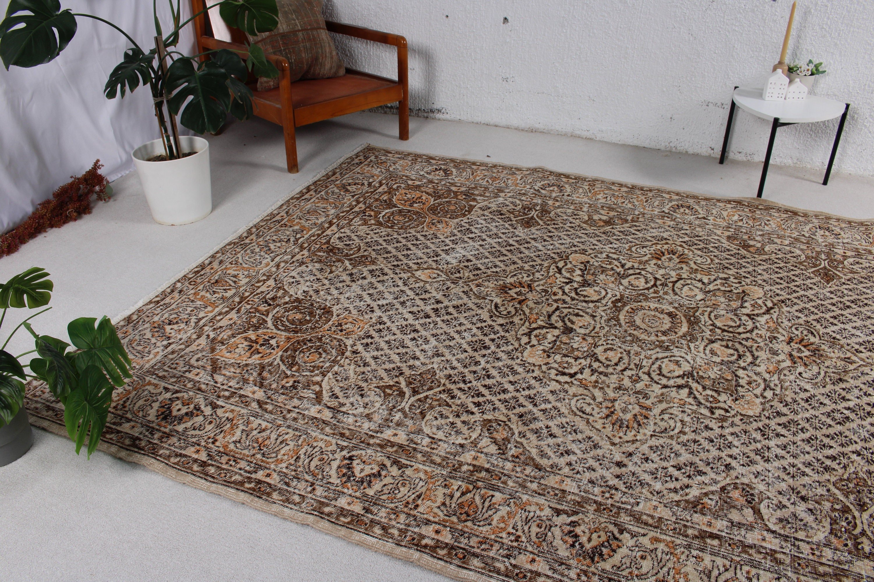 Vintage Halı, El Dokuma Halılar, 6.9x9.6 ft Büyük Halı, Bej Lüks Halı, Oryantal Halılar, Aztek Halıları, Yemek Odası Halısı, Salon Halısı, Türk Halıları