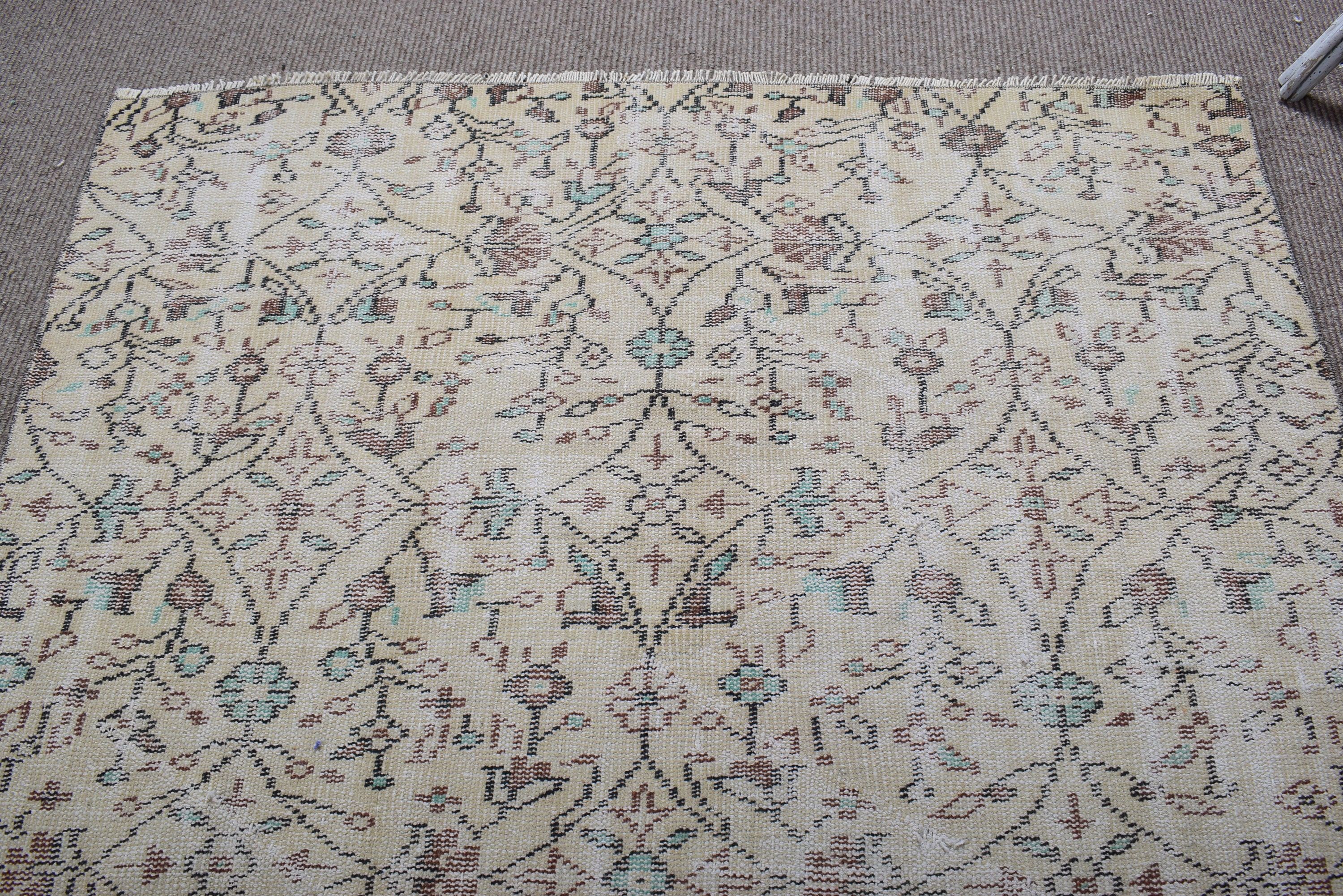 4.6x7.2 ft Alan Halıları, Vintage Halı, Bej El Dokuma Halı, İç Mekan Halıları, Geometrik Halı, İç Mekan Halısı, Türk Halısı, Mutfak Halısı, Yatak Odası Halısı