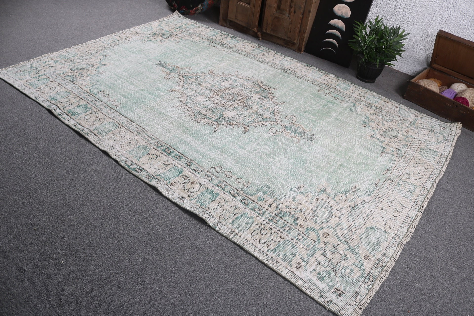 Oushak Rug, Floor Rugs, Vintage Rug, Large Vintage Rugs, 5.8x8.8 ft Large Rugs, Luxury Rug, Green Oushak Rugs, Turkish Rugs, Large Boho Rug