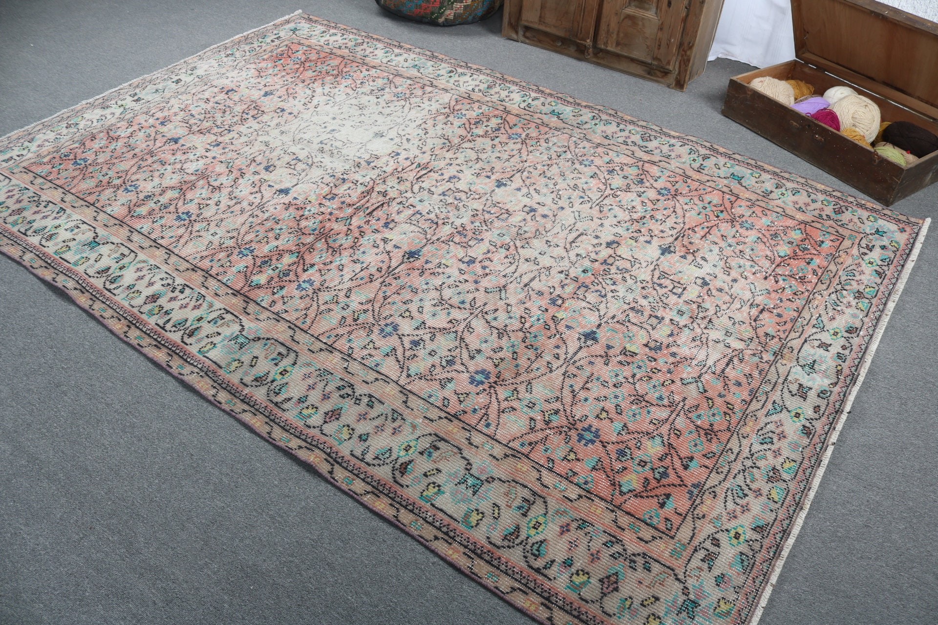 Türk Halısı, Oturma Odası Halıları, 6.1x9.1 ft Büyük Halılar, Büyük Oushak Halısı, El Dokuma Halıları, Pembe Oushak Halıları, Vintage Halı, Oushak Halıları