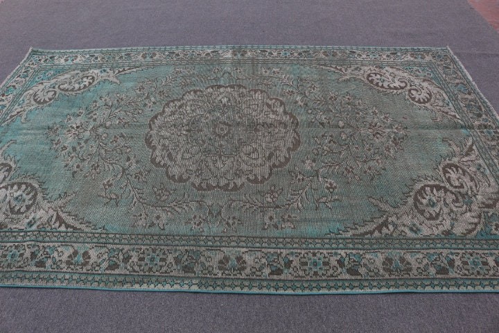 Yeşil 5.9x9.3 ft Büyük Halı, Düz Dokuma Halı, Vintage Halı, Oturma Odası Halısı, Havalı Halılar, Türk Halısı, Oushak Halısı, Yemek Odası Halısı