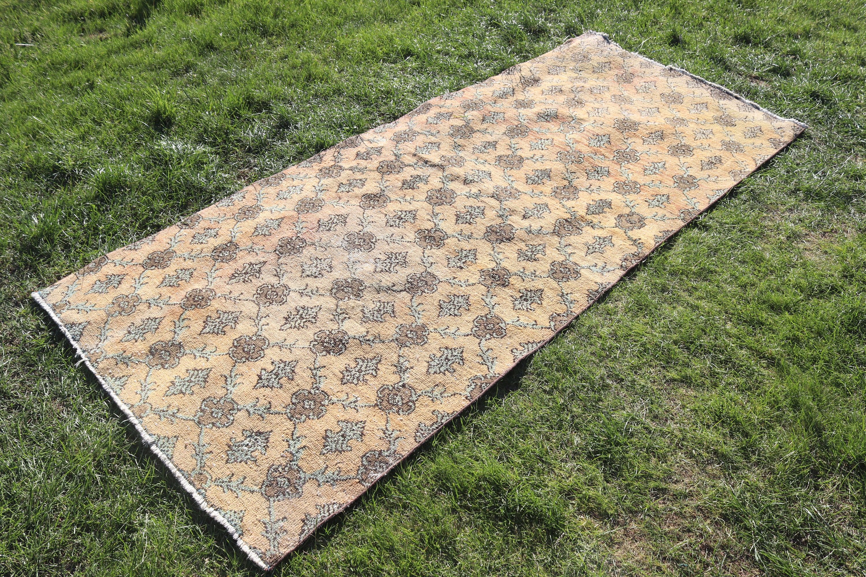 Yemek Odası Halıları, 3,3x7,7 ft Alan Halısı, Egzotik Halı, Türk Halısı, Sarı Soğuk Halı, Vintage Halılar, Boho Halısı, Oushak Alan Halıları