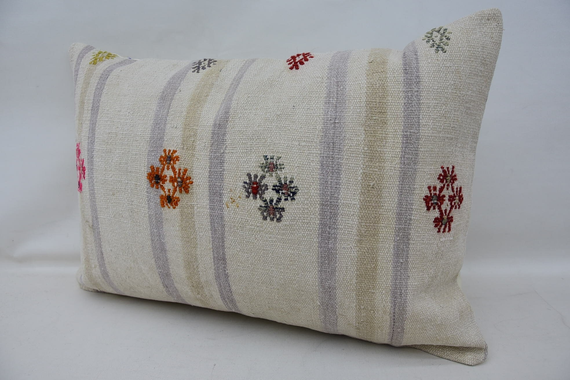 Cotton Pillow, Pattern Throw Pillow, Handmade Kilim Cushion, Kilim Cushion Sham, Vintage Kilim Throw Pillow, 16"x24" Beige Pillow Case