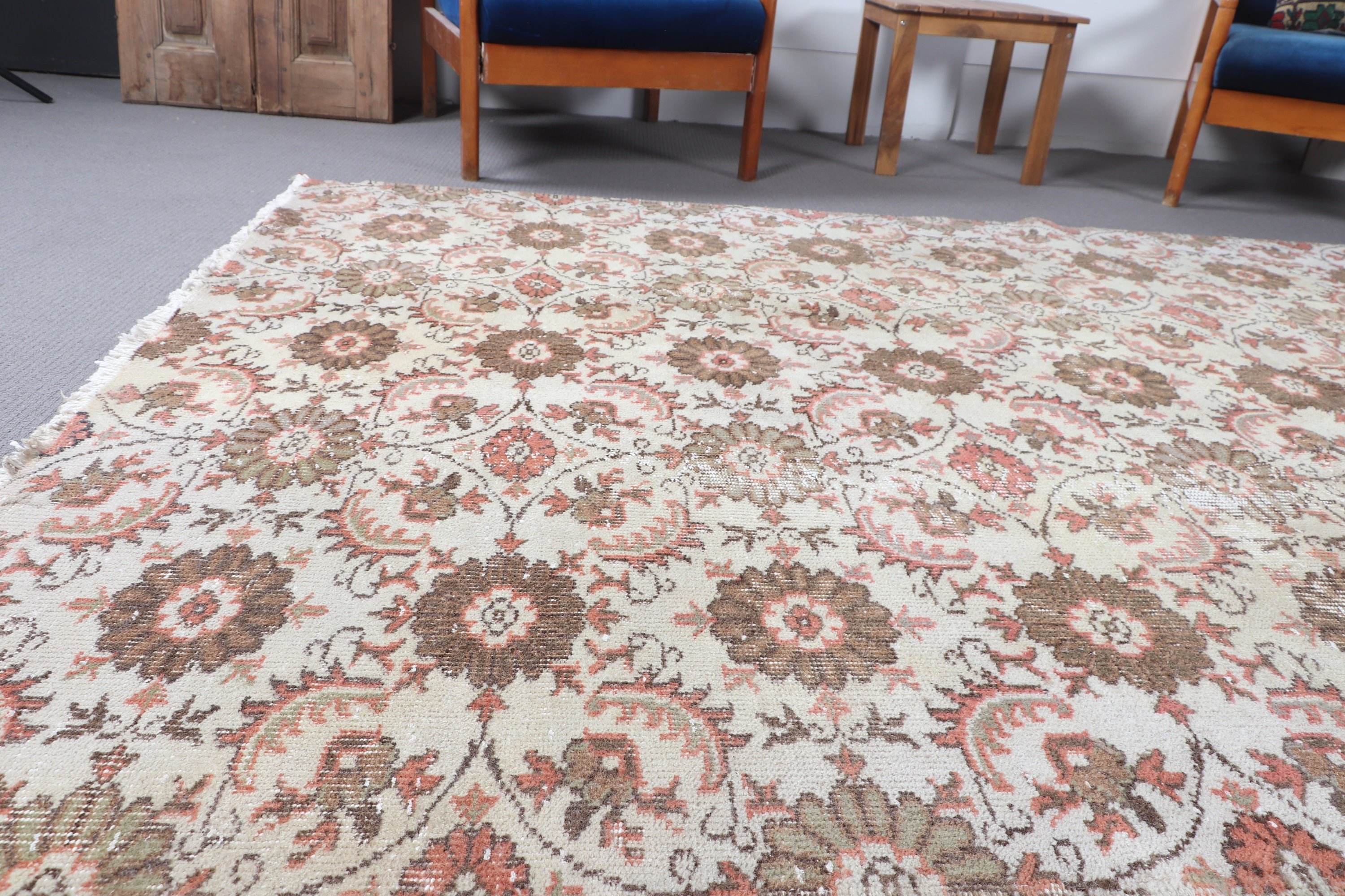 Vintage Rug, Floor Rug, Custom Rug, Turkish Rug, Living Room Rug, Beige Wool Rug, Kitchen Rug, 5.8x9.5 ft Large Rug, Dining Room Rug