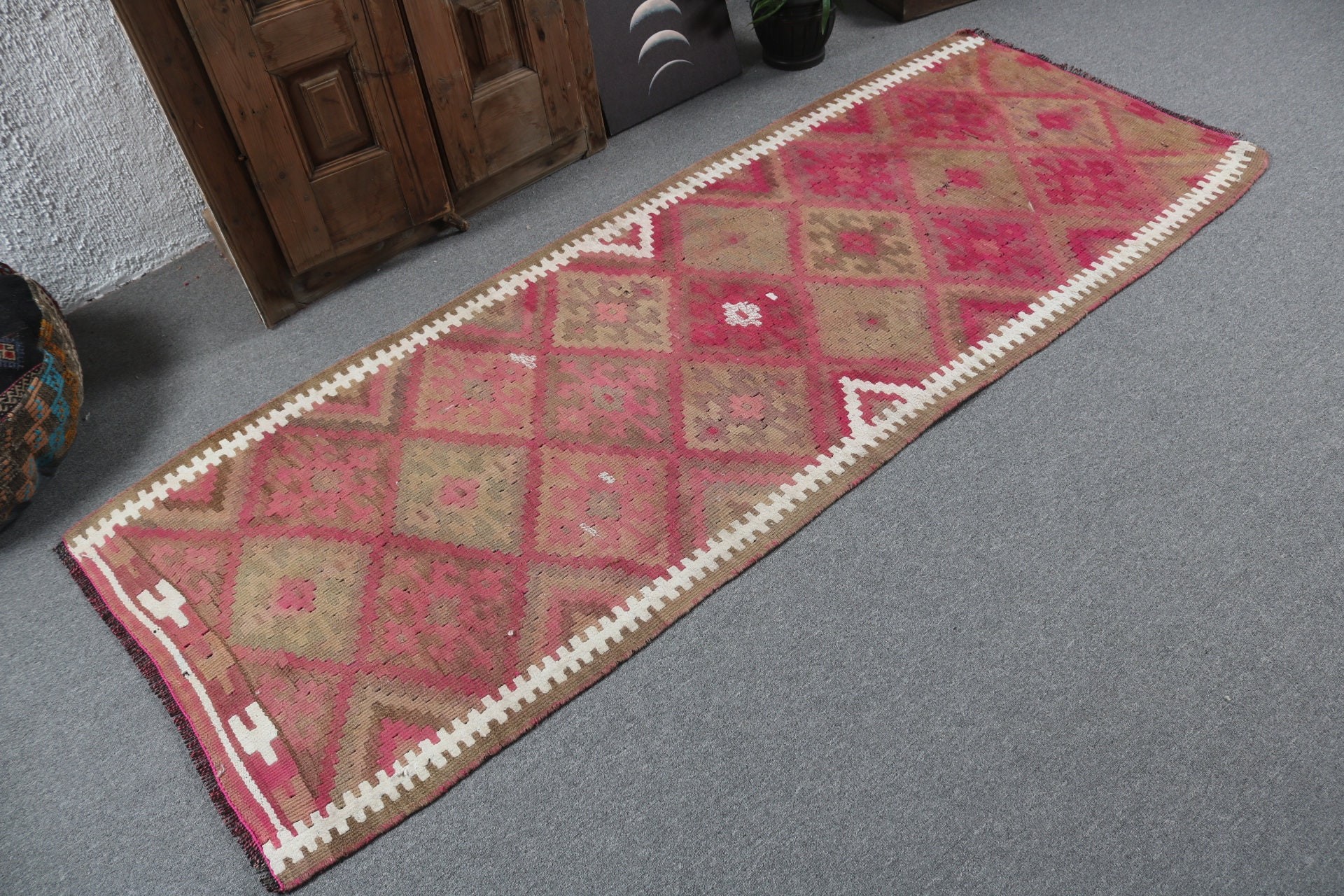 Aztek Halıları, Bildiri Halısı, Türk Halısı, Vintage Halılar, 2,9x7,5 ft Runner Halısı, Beni Ourain Runner Halısı, Pembe Geometrik Halı, Geometrik Halılar