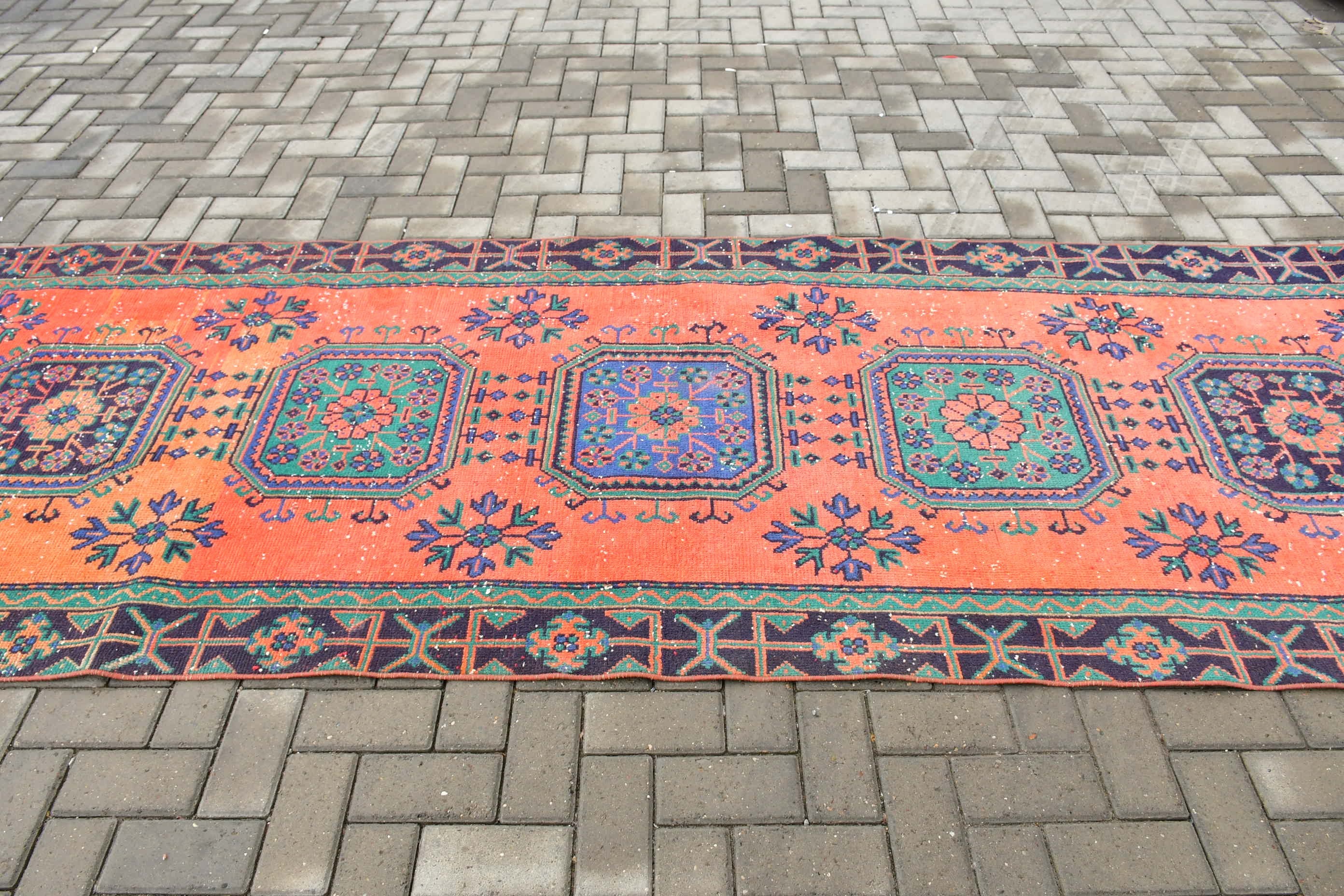 Retro Rug, Vintage Rug, Orange Floor Rugs, 3.9x10.8 ft Runner Rug, Hallway Rugs, Turkish Rug, Anatolian Rug, Kitchen Rug