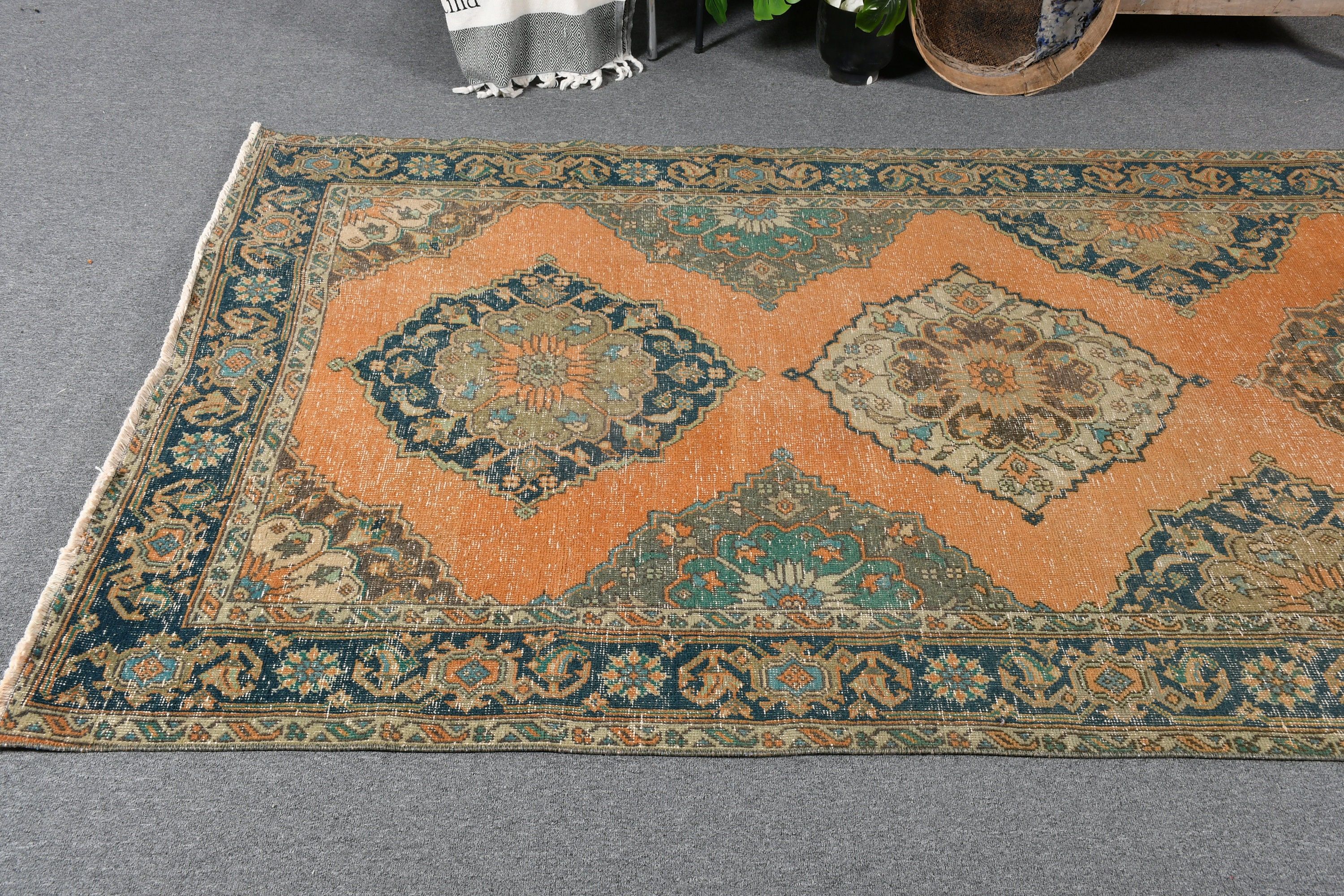 4.7x12.9 ft Runner Rugs, Vintage Rug, Corridor Rugs, Orange Floor Rug, Muted Rug, Turkish Rug, Hallway Rug, Oushak Rug