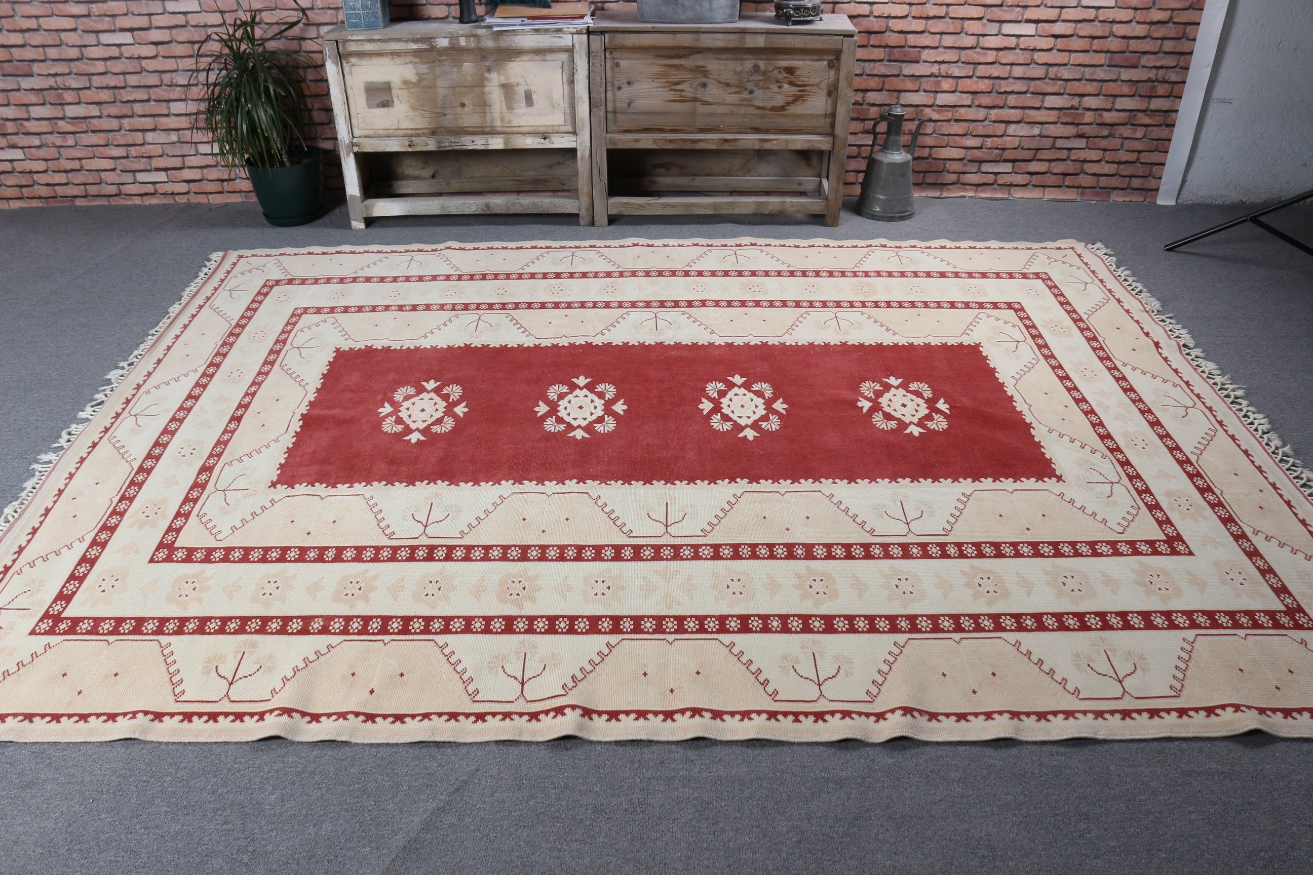 Turkish Rugs, Large Oushak Rug, Geometric Rug, 6.6x8.8 ft Large Rug, Dining Room Rug, Statement Rug, Vintage Rugs, Beige Neutral Rugs