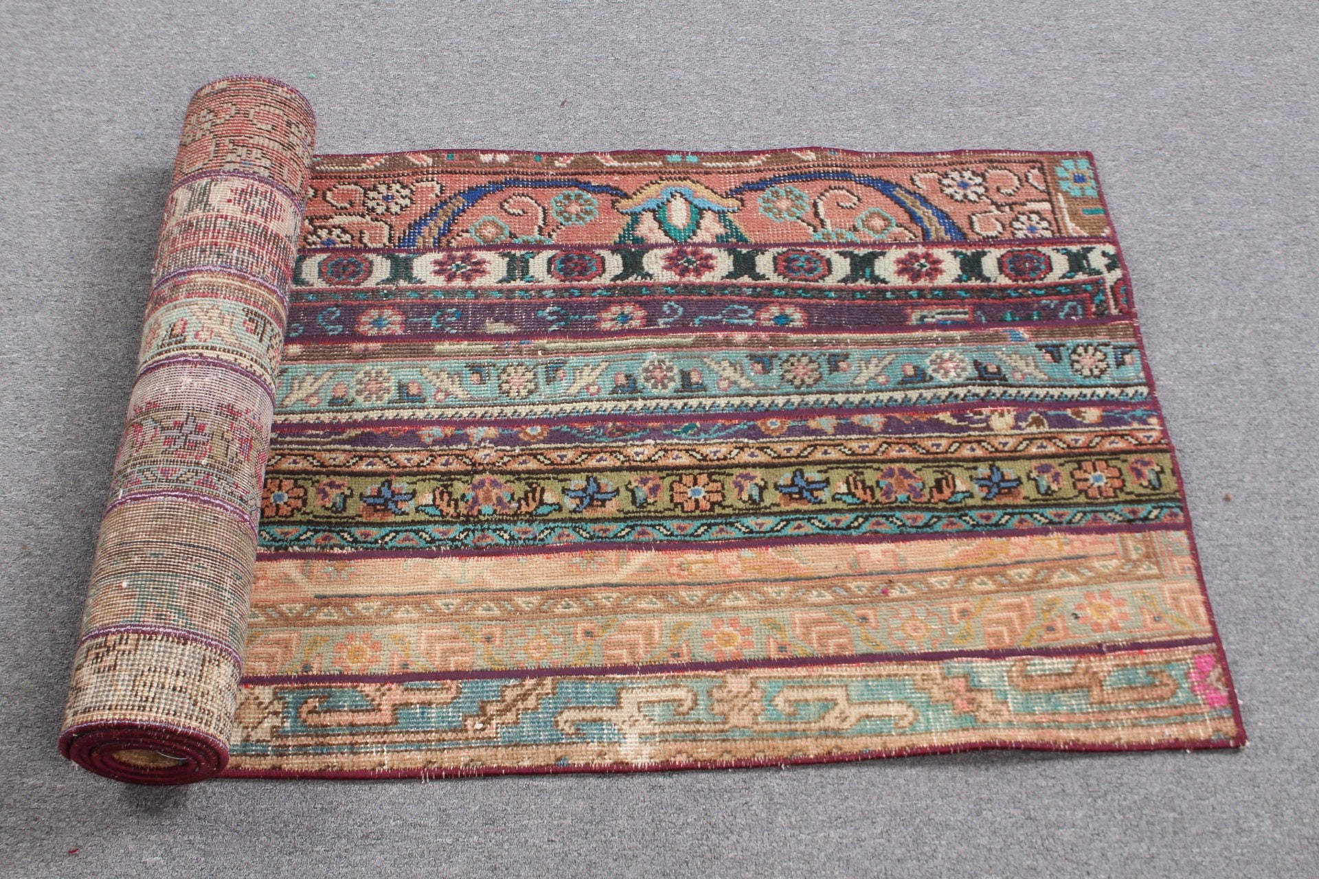 Merdiven Halısı, 2.2x7.2 ft Koşucu Halıları, Aztek Halısı, Vintage Halı, Türk Halısı, Ev Dekor Halıları, Oushak Halıları, Yeşil Antika Halılar, Koridor Halıları