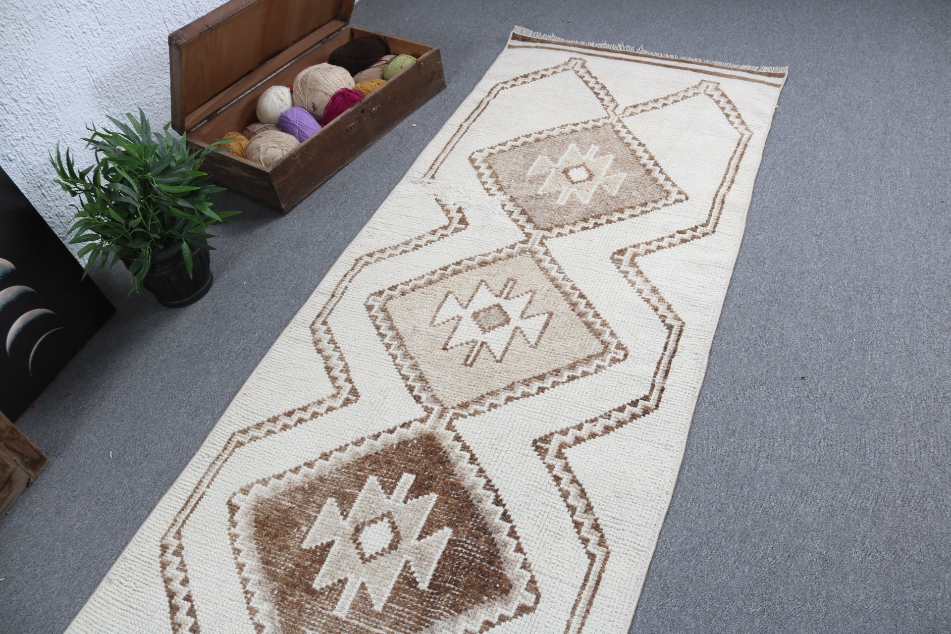 Koridor Halıları, Lüks Halı, Geometrik Halı, Vintage Halı, Vintage Runner Halıları, Bej Düz Dokuma Halı, Türk Halısı, 3.1x11.8 ft Runner Halıları