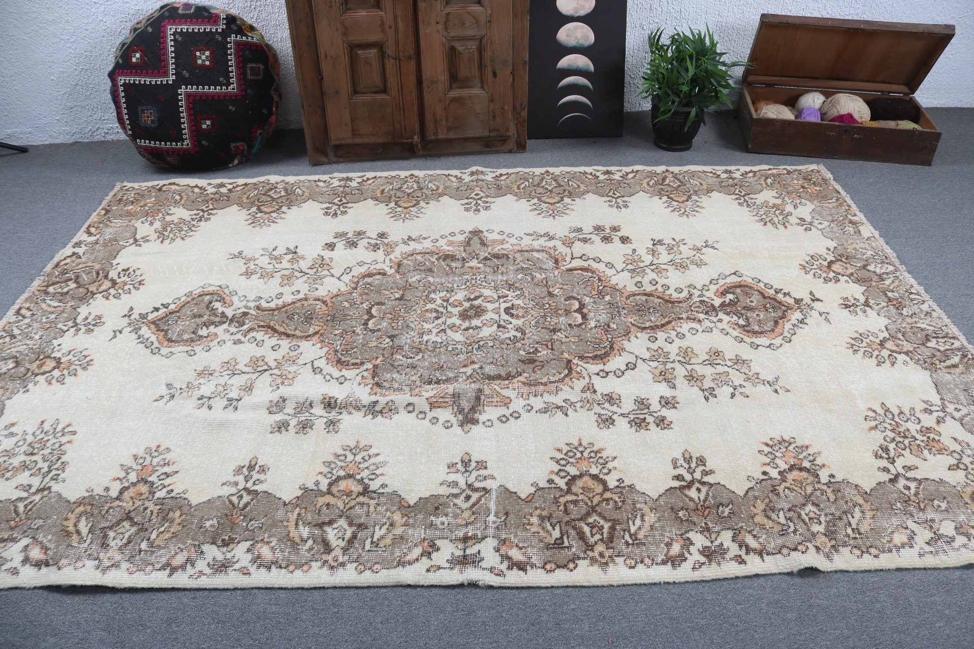 Yatak Odası Halıları, Egzotik Halı, Türk Halısı, Salon Halısı, Bej Boho Halısı, Oryantal Halılar, 6.1x8 ft Büyük Halı, Büyük Oushak Halısı, Vintage Halı