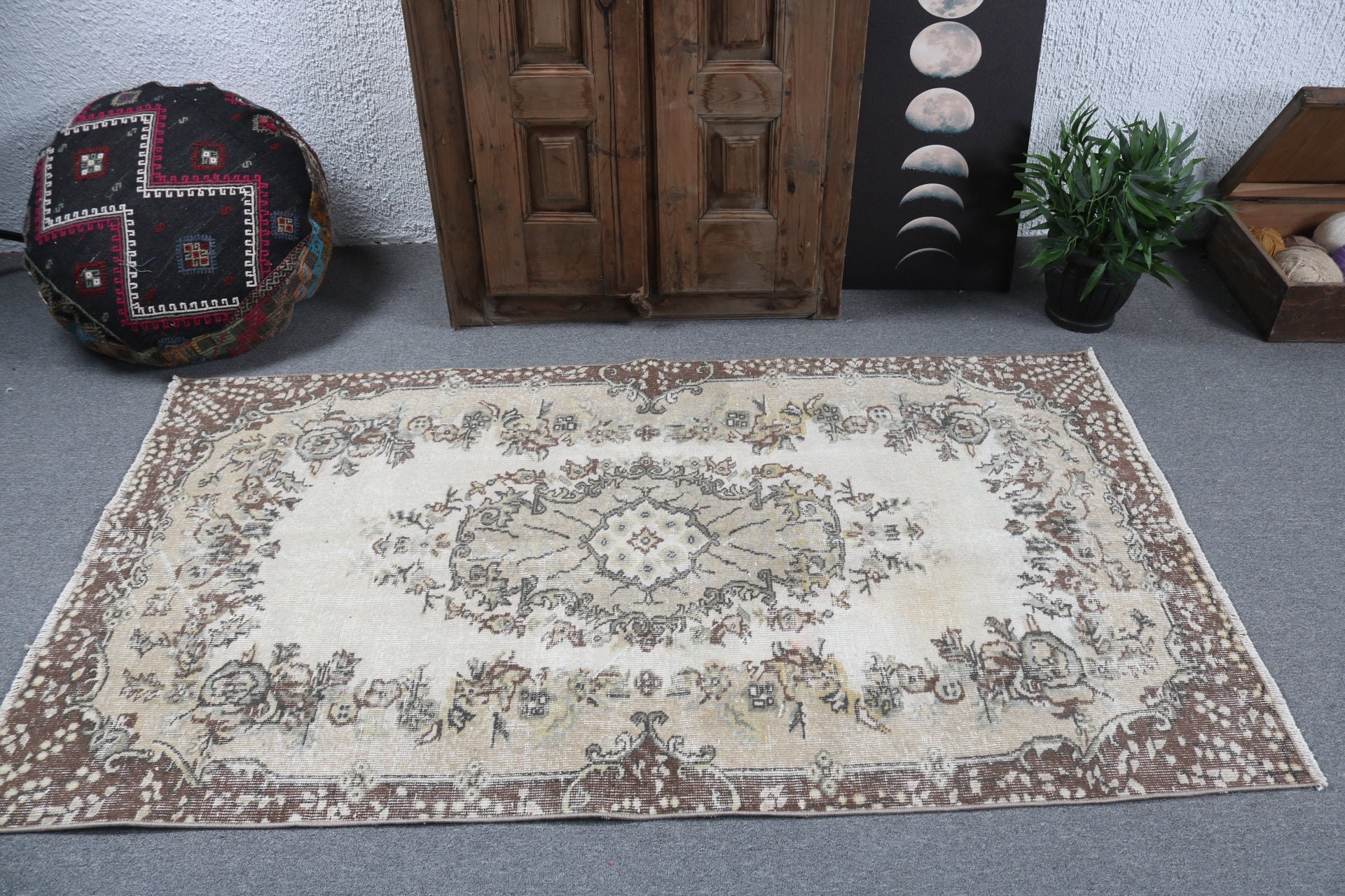 Fas Halısı, Bej Ev Dekorasyonu Halısı, Türk Halıları, Boho Vurgulu Halı, 3,5x6,3 ft Vurgulu Halılar, Vintage Halılar, Dekoratif Halılar, El Dokuma Halı