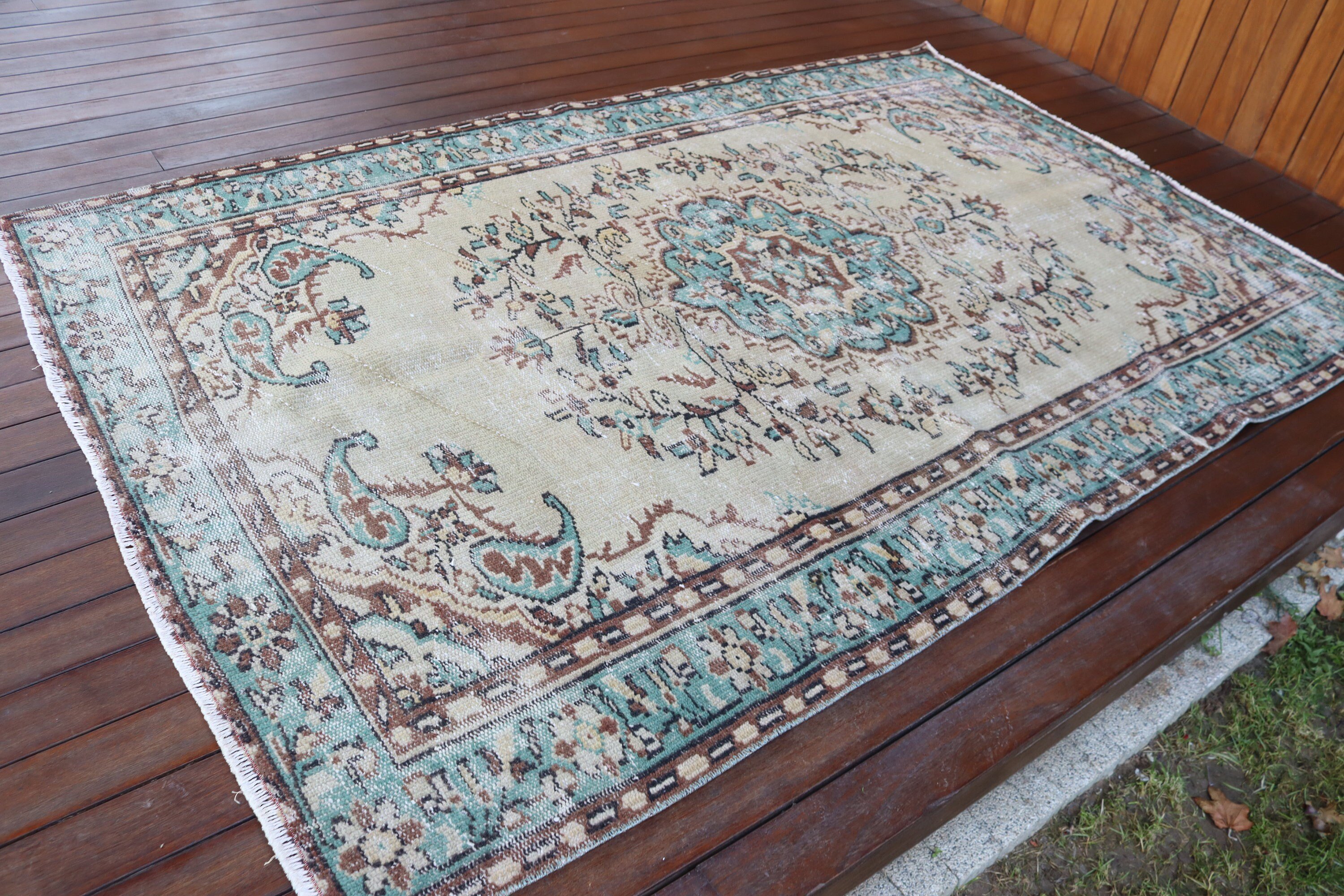 5.1x7.8 ft Alan Halısı, Vintage Halılar, Oushak Halısı, Yeşil Zemin Halısı, Türk Halısı, Yatak Odası Halıları, Nötr Halılar, Çocuk Halısı, Vintage Alan Halısı