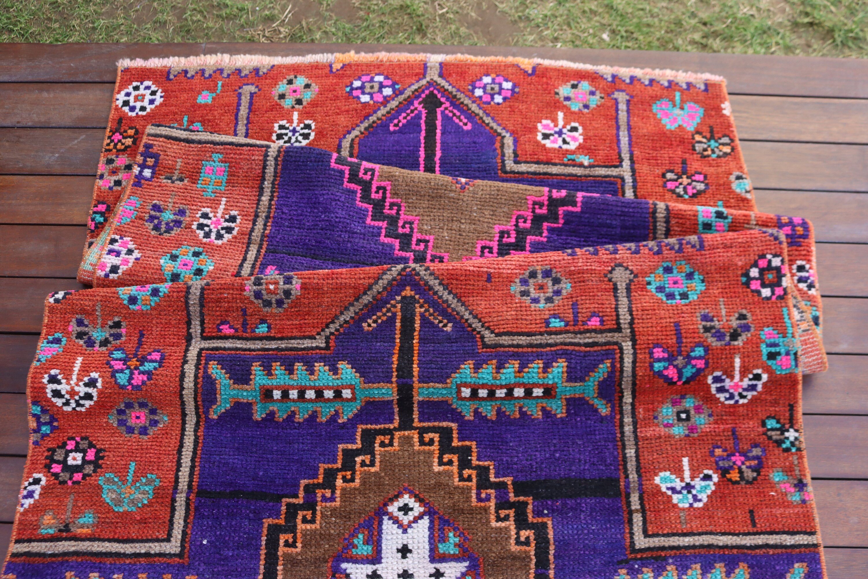 Wool Rugs, Bedroom Rugs, Vintage Rug, Rugs for Kitchen, Kitchen Rug, Aztec Rug, Purple  3.5x11.3 ft Runner Rugs, Turkish Rugs