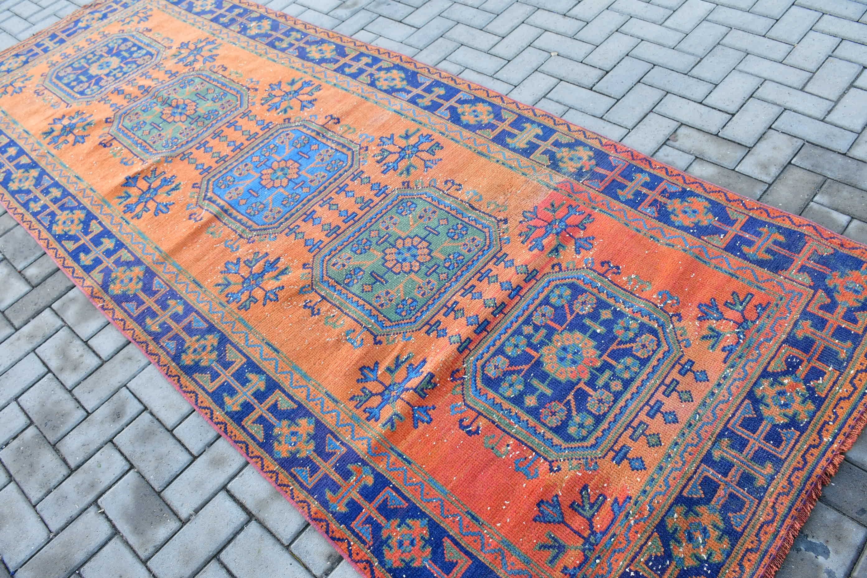 4.1x10.7 ft Runner Rugs, Turkish Rugs, Kitchen Rug, Orange Oushak Rugs, Stair Rugs, Vintage Rug, Bedroom Rug, Custom Rug