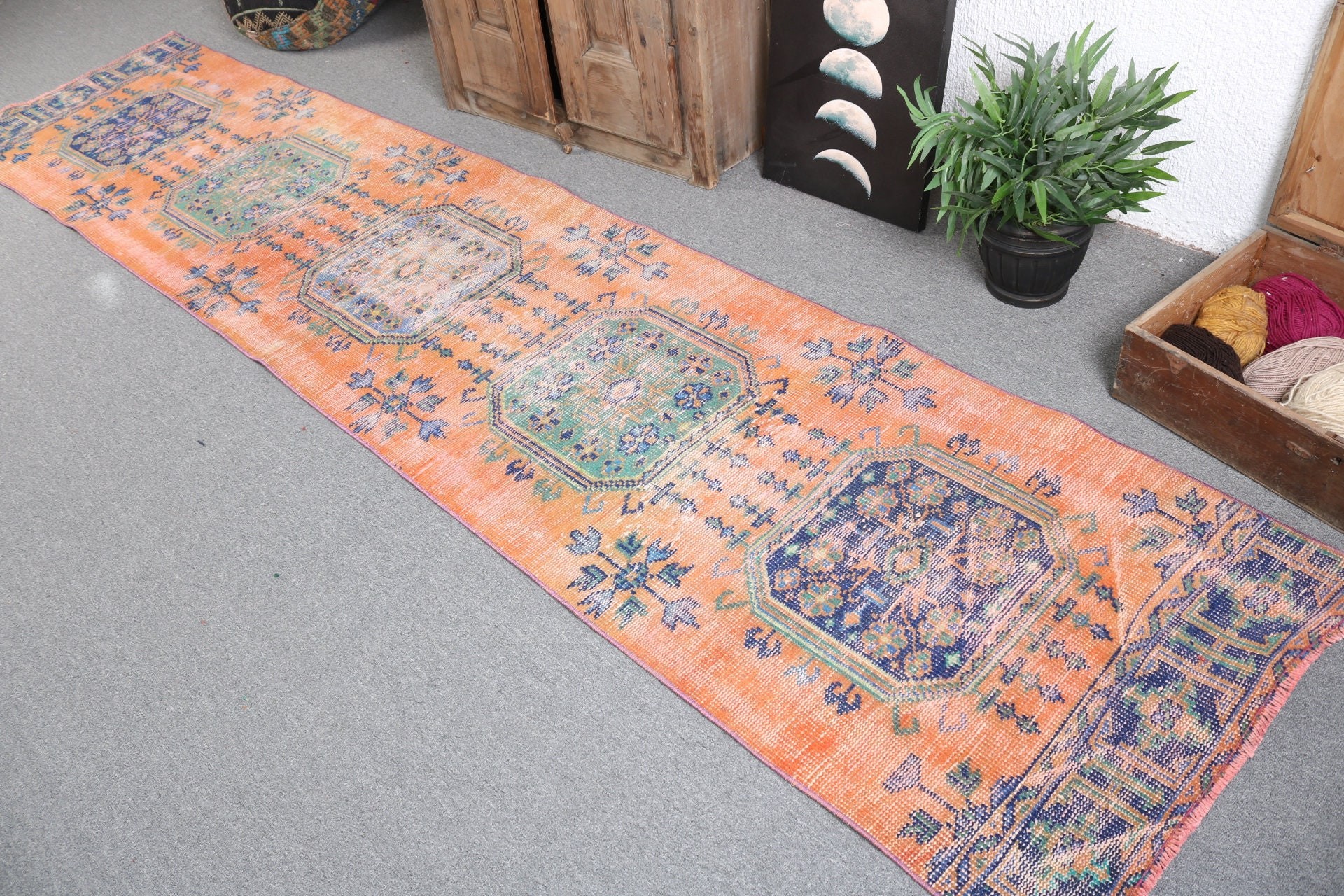 Vintage Rugs, Long Runner Rugs, Turkish Rug, Kitchen Rugs, Geometric Rug, Handwoven Rugs, Orange Statement Rugs, 2.6x11.8 ft Runner Rug