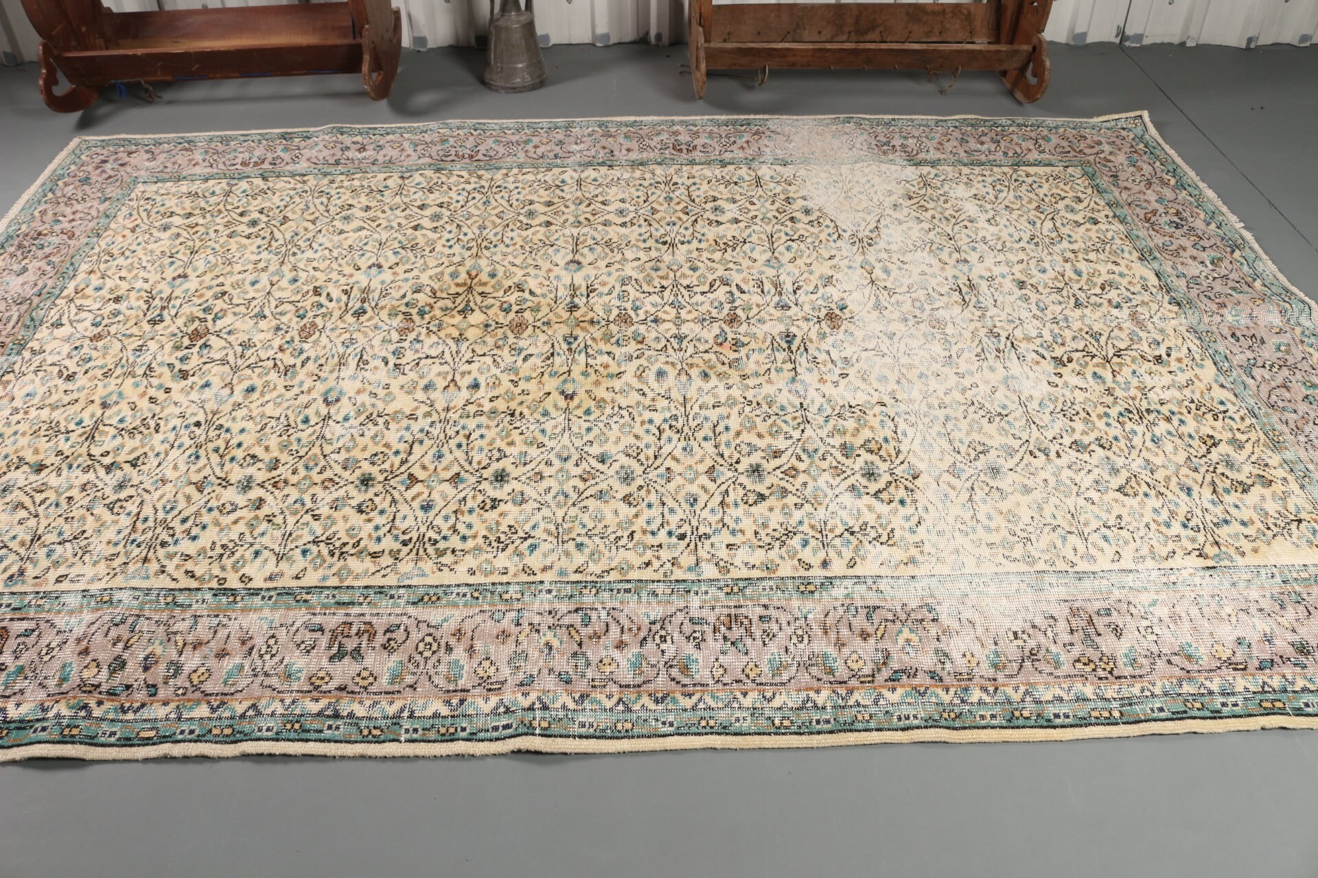 Mutfak Halısı, Yatak Odası Halısı, Bej Yün Halı, 6.7x9.9 ft Büyük Halı, Salon Halıları, Antika Halı, Vintage Halı, Türk Halısı, Yemek Odası Halısı