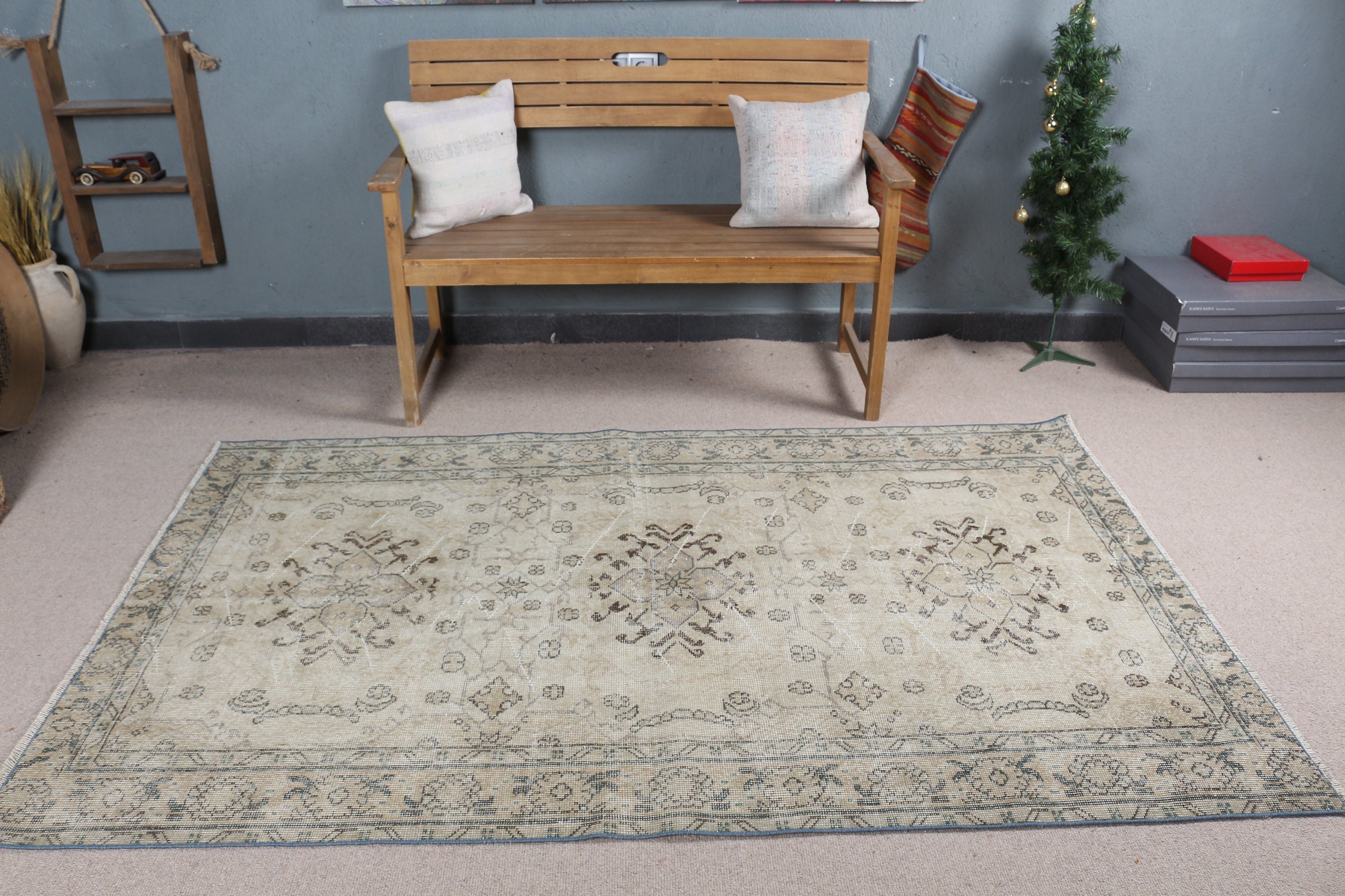 Beige Floor Rug, Turkish Rug, Rugs for Kitchen, Oriental Rugs, 4.3x7.2 ft Area Rug, Vintage Rugs, Kitchen Rug, Nursery Rug