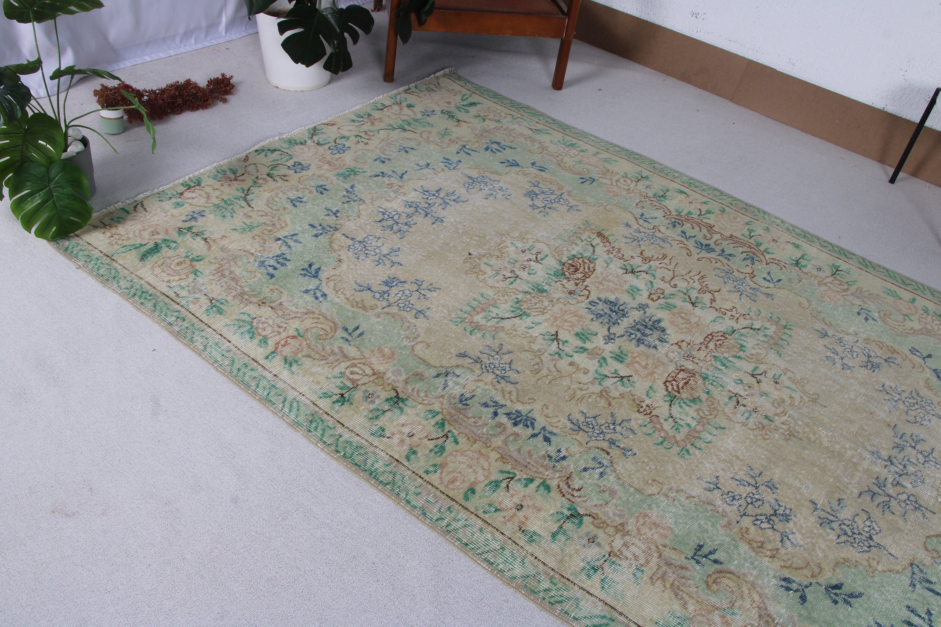 5.3x8.2 ft Büyük Halı, Vintage Halılar, Ev Dekorasyonu Halısı, Büyük Oushak Halıları, Türk Halıları, Havalı Halı, Salon Halıları, Yeşil Geometrik Halı, Yer Halıları