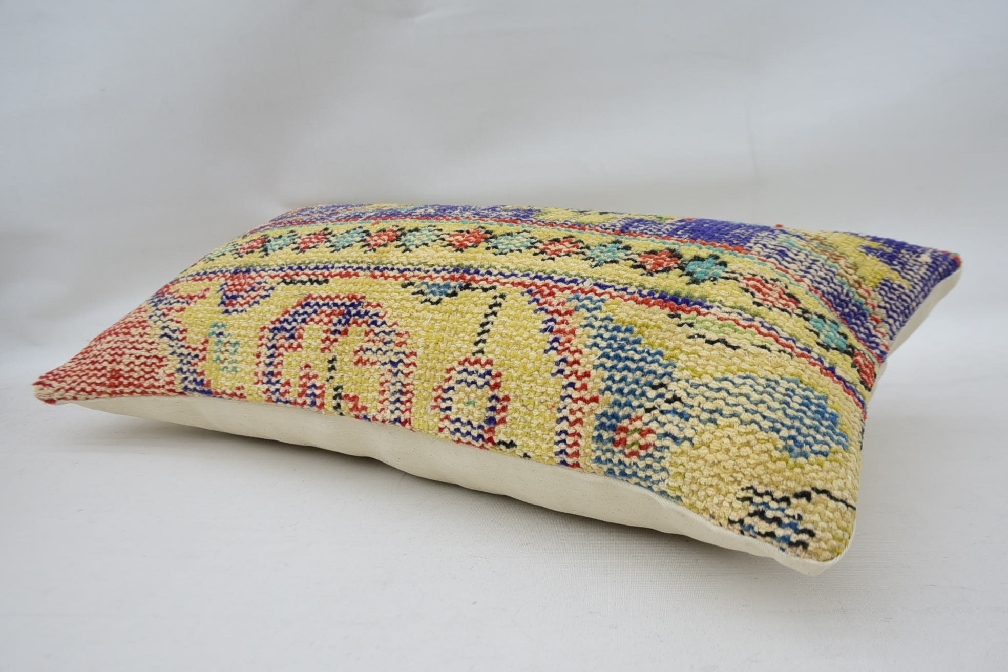 Vintage Kilim Pillow, Bright Pillow Sham, 12"x24" Yellow Pillow Sham, Kilim Cushion Sham, Vintage Kilim Throw Pillow, Bench Cushion Cover