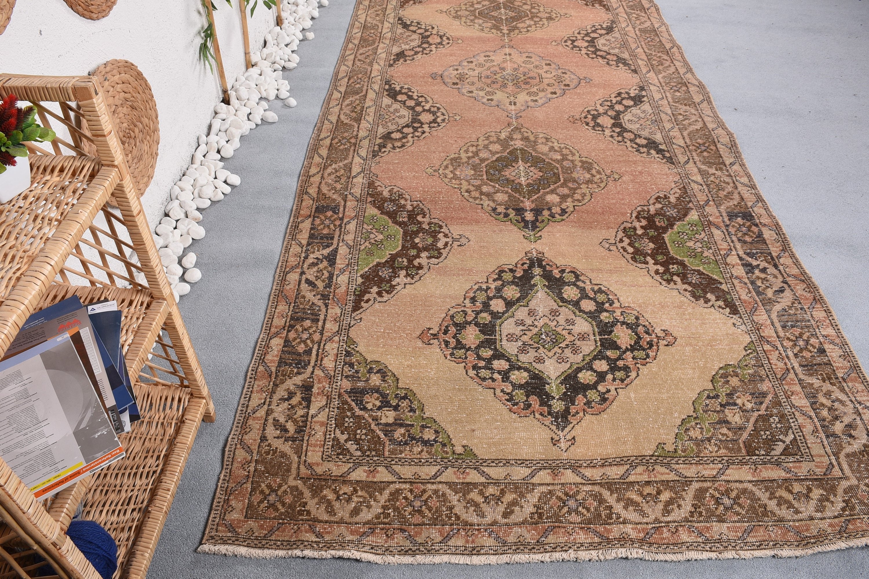 Yün Halı, Vintage Halılar, Kahverengi Antika Halı, Merdiven Halısı, Koşucu Halıları, Koridor Halısı, Türk Halısı, 4.8x12.2 ft Koşucu Halısı, Antika Halı