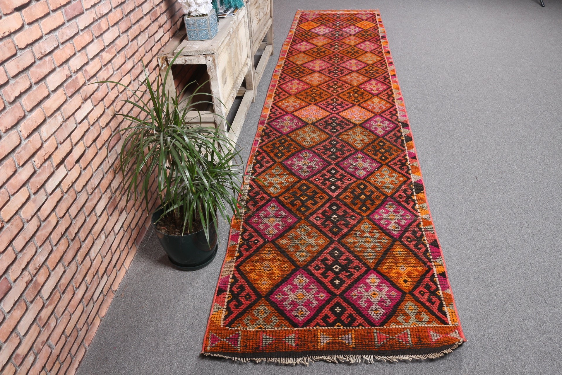 Türk Halısı, Göçebe Halısı, Mutfak Halısı, Fas Halısı, Koridor Halıları, Vintage Halı, Turuncu Soğuk Halı, 2,7x12,7 ft Runner Halıları