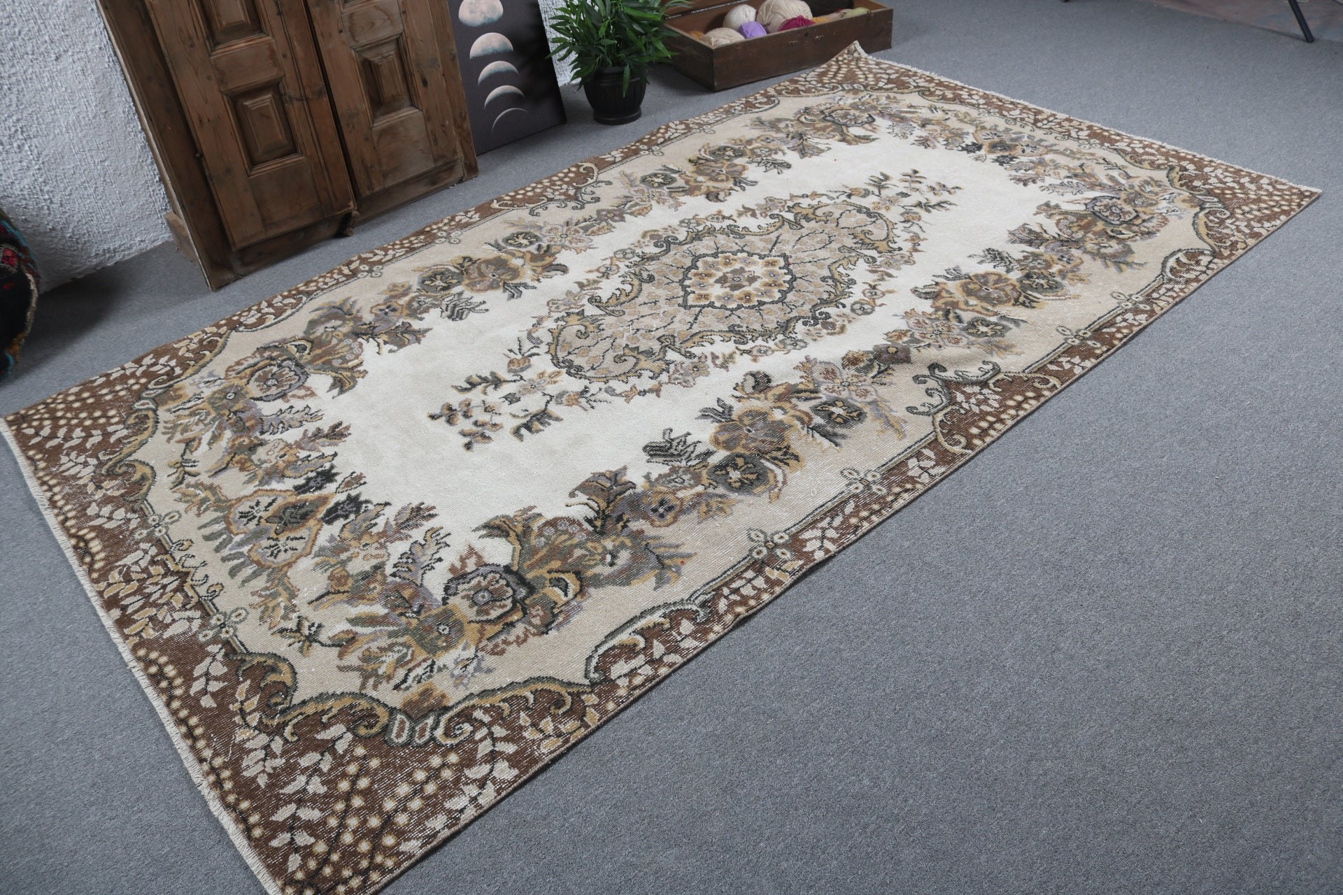 Büyük Boho Halı, Yer Halıları, Geometrik Halılar, Vintage Halı, 5.4x9.6 ft Büyük Halı, Türk Halısı, Salon Halıları, Kahverengi Oryantal Halılar