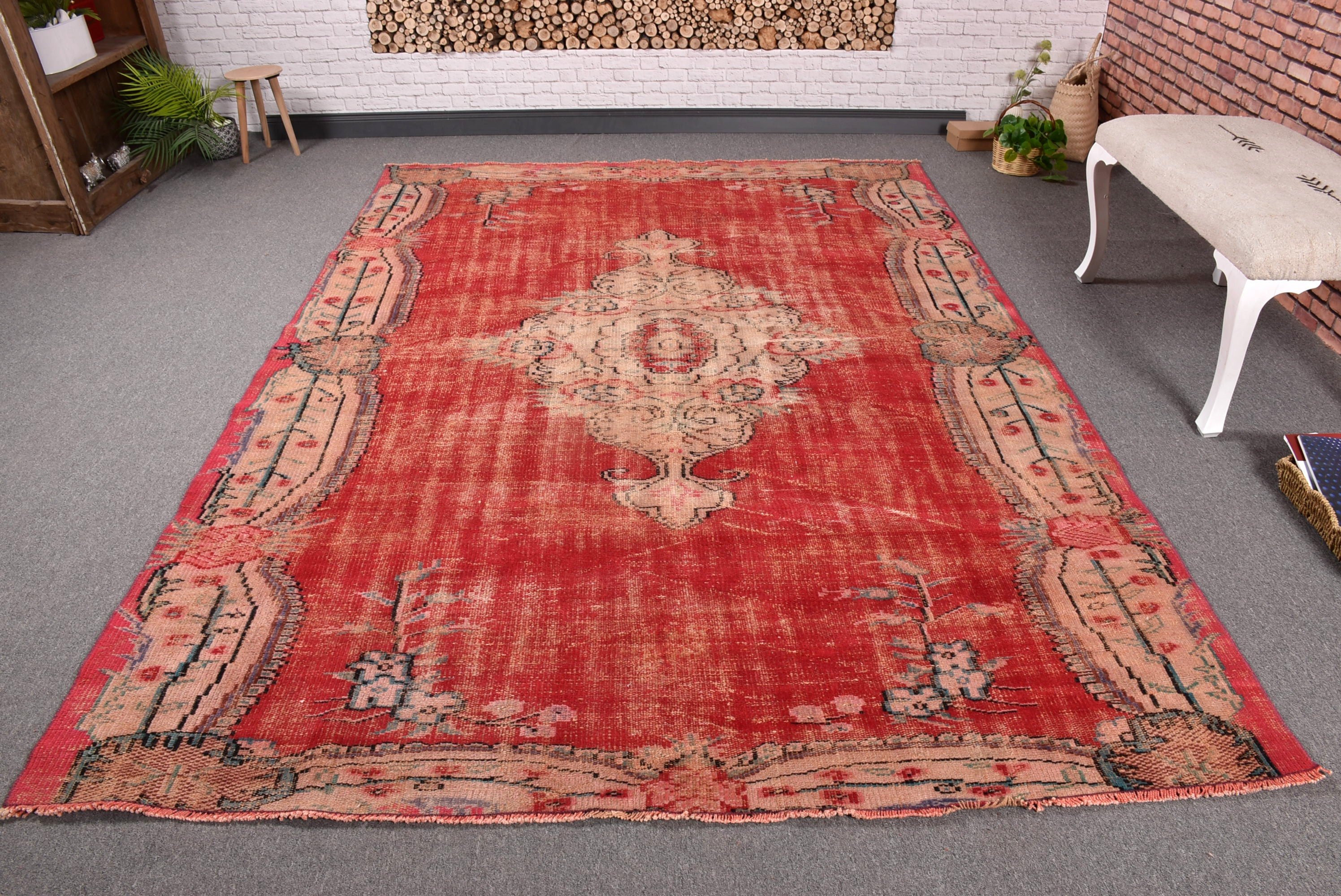 Oturma Odası Halısı, Düz Dokuma Halılar, Büyük Oushak Halısı, Vintage Halılar, Havalı Halı, Kırmızı Geometrik Halılar, Türk Halıları, 6,4x9,2 ft Büyük Halılar