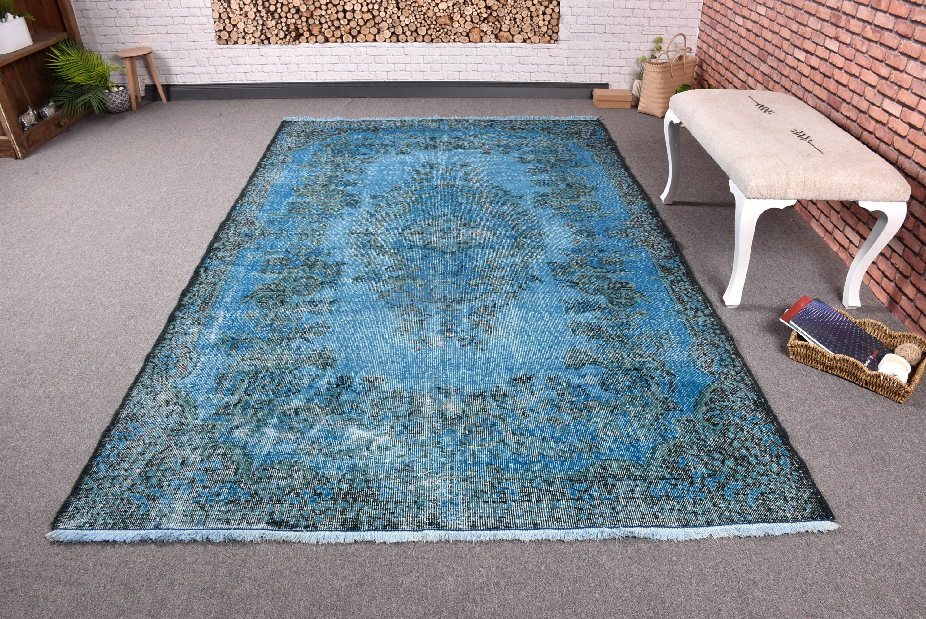 Mavi Ev Dekor Halıları, Antika Halı, Boho Halılar, Vintage Halı, Salon Halıları, Büyük Vintage Halı, 5.7x9.2 ft Büyük Halı, Türk Halısı, Geometrik Halılar