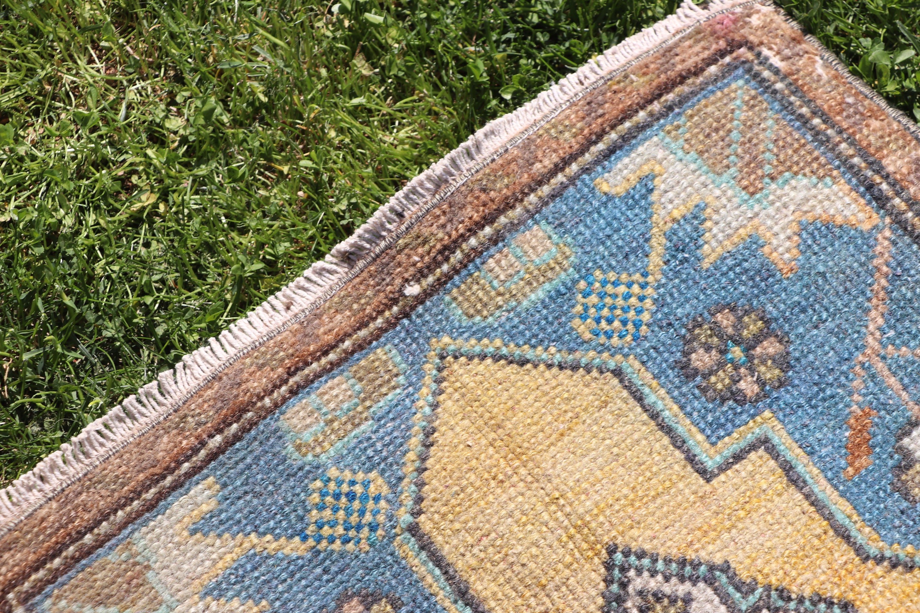 Vintage Halı, 1.5x3 ft Küçük Halılar, Oushak Halı, Sarı El Dokuma Halı, Türk Halısı, Sanatsal Halılar, Geometrik Halılar, Küçük Boho Halı, Banyo Halısı