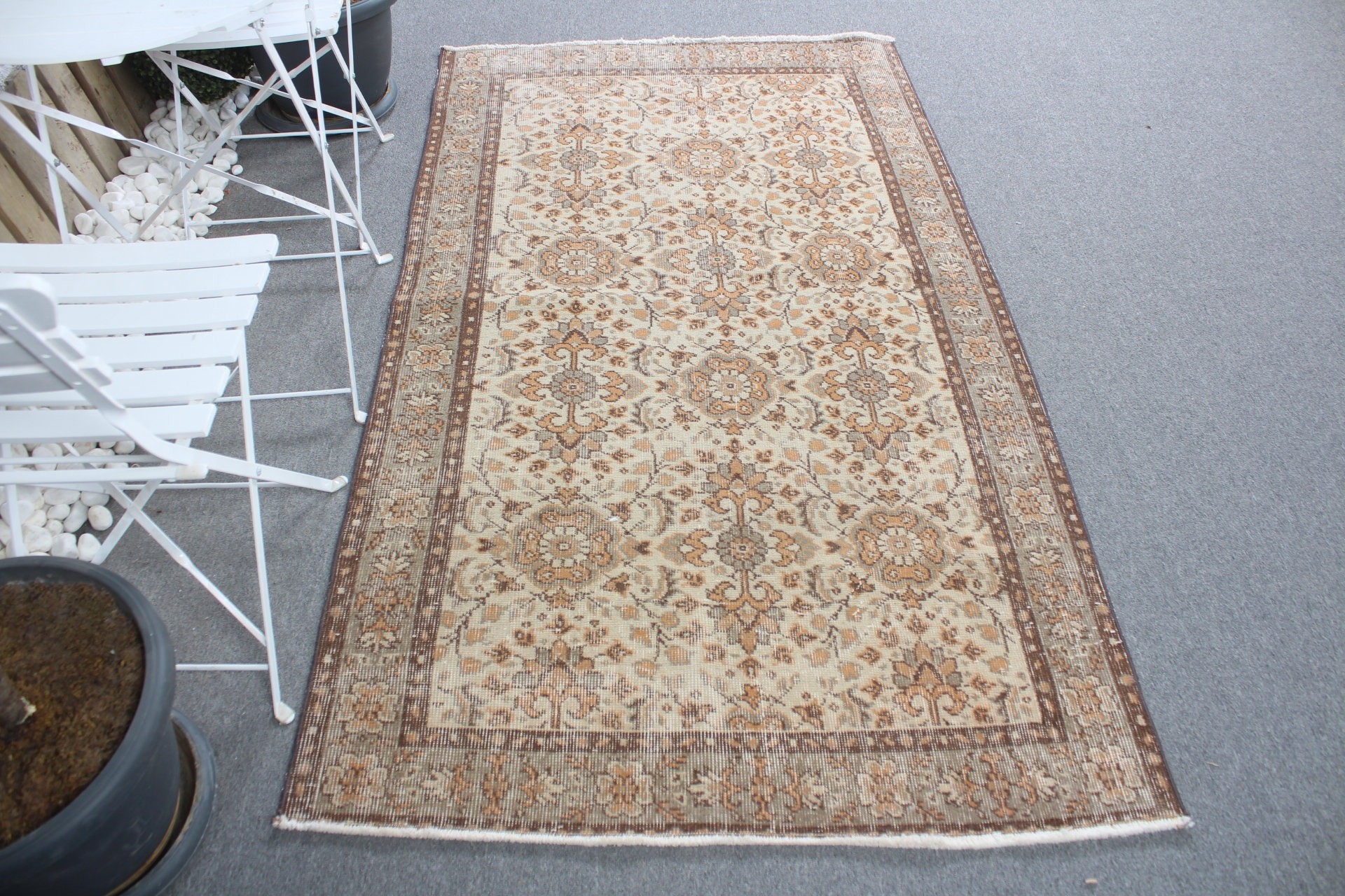 Yün Halı, Eski Halı, Türk Halıları, Mutfak Halısı, Yatak Odası Halıları, Oushak Halısı, 3,7x6,8 ft Alan Halısı, Vintage Halı, Yer Halıları, Kahverengi Antika Halı