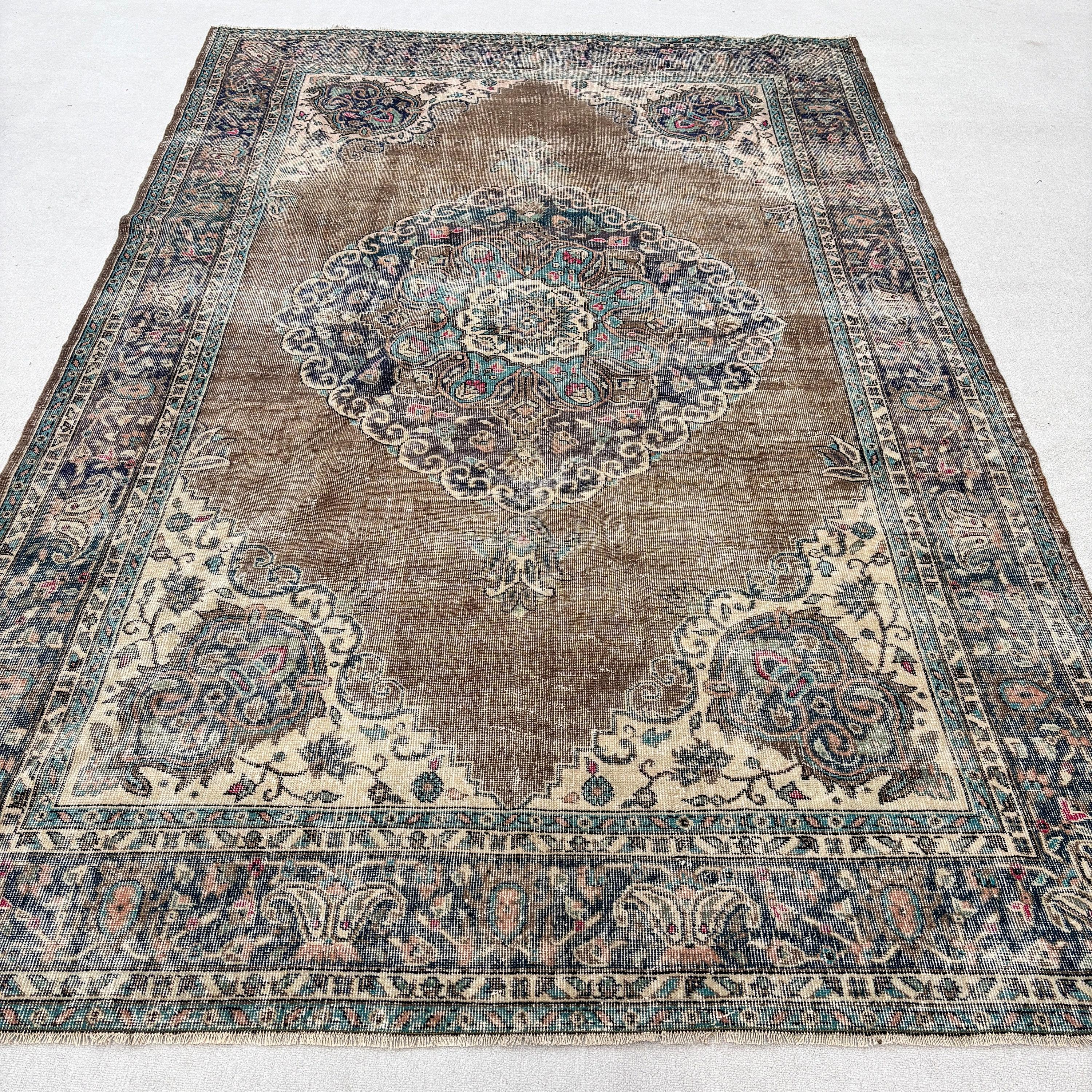 Vintage Halı, Büyük Boho Halı, 6.8x10 ft Büyük Halılar, Büyük Oushak Halıları, Fas Halısı, Ev Dekor Halısı, Türk Halısı, Yeşil El Dokuma Halılar