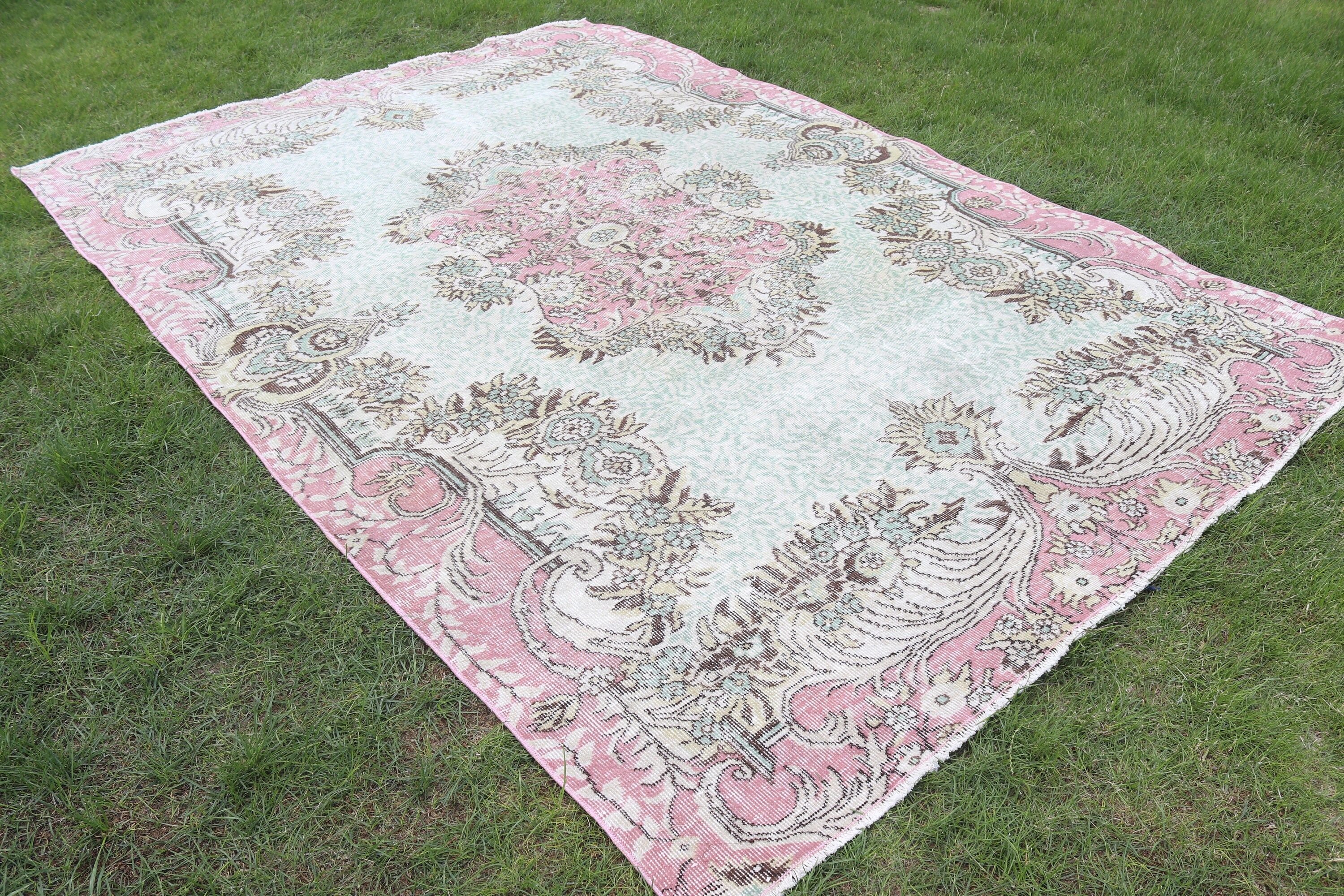 Vintage Halılar, 6,4x9,3 ft Büyük Halılar, Yeşil Modern Halılar, Büyük Oushak Halısı, Yatak Odası Halısı, Türk Halısı, Yün Halısı, Büyük Boho Halıları