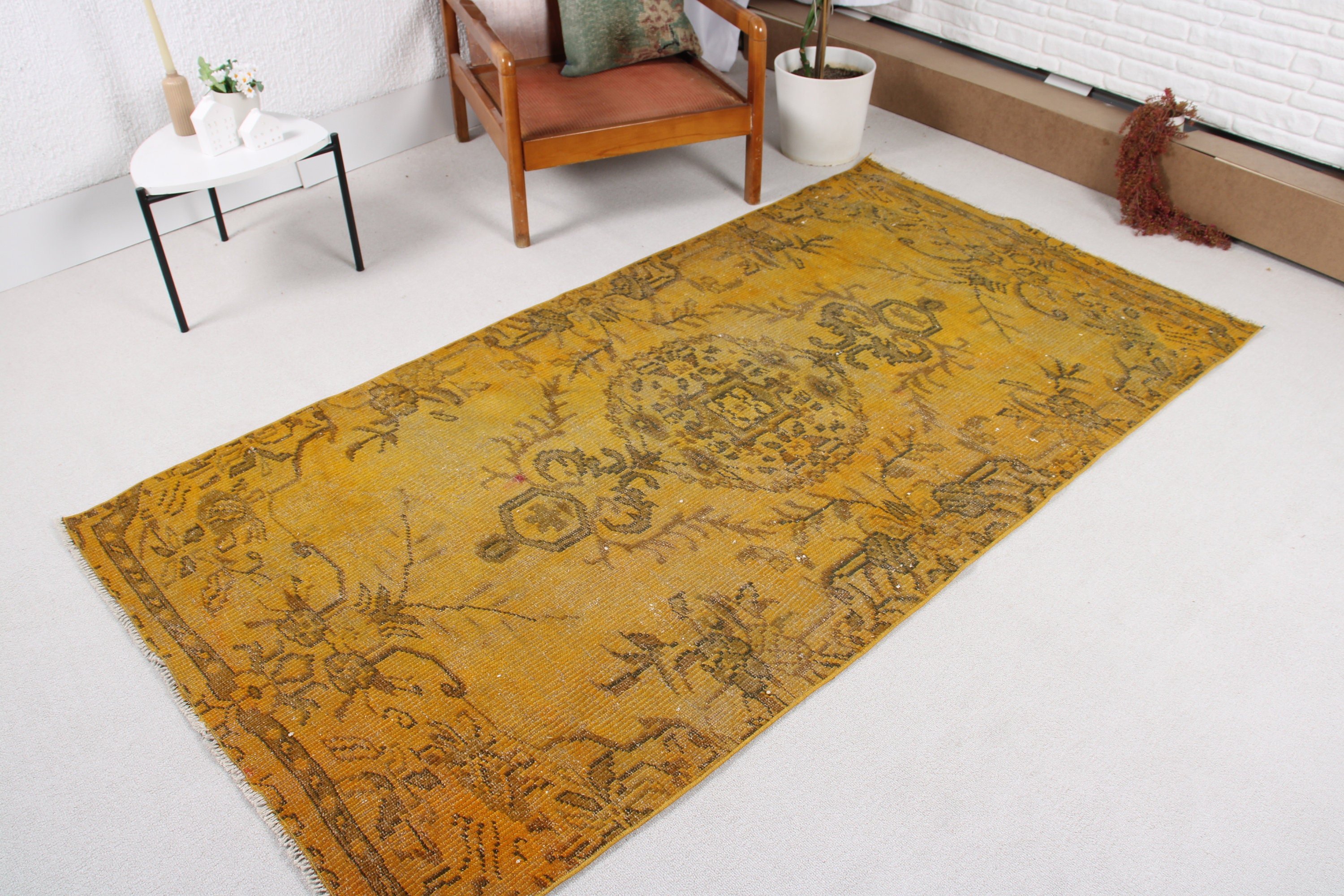 Vintage Area Rug, Home Decor Rug, Rugs for Bedroom, Floor Rug, Vintage Rug, 3.9x7.4 ft Area Rugs, Turkish Rugs, Yellow Modern Rug