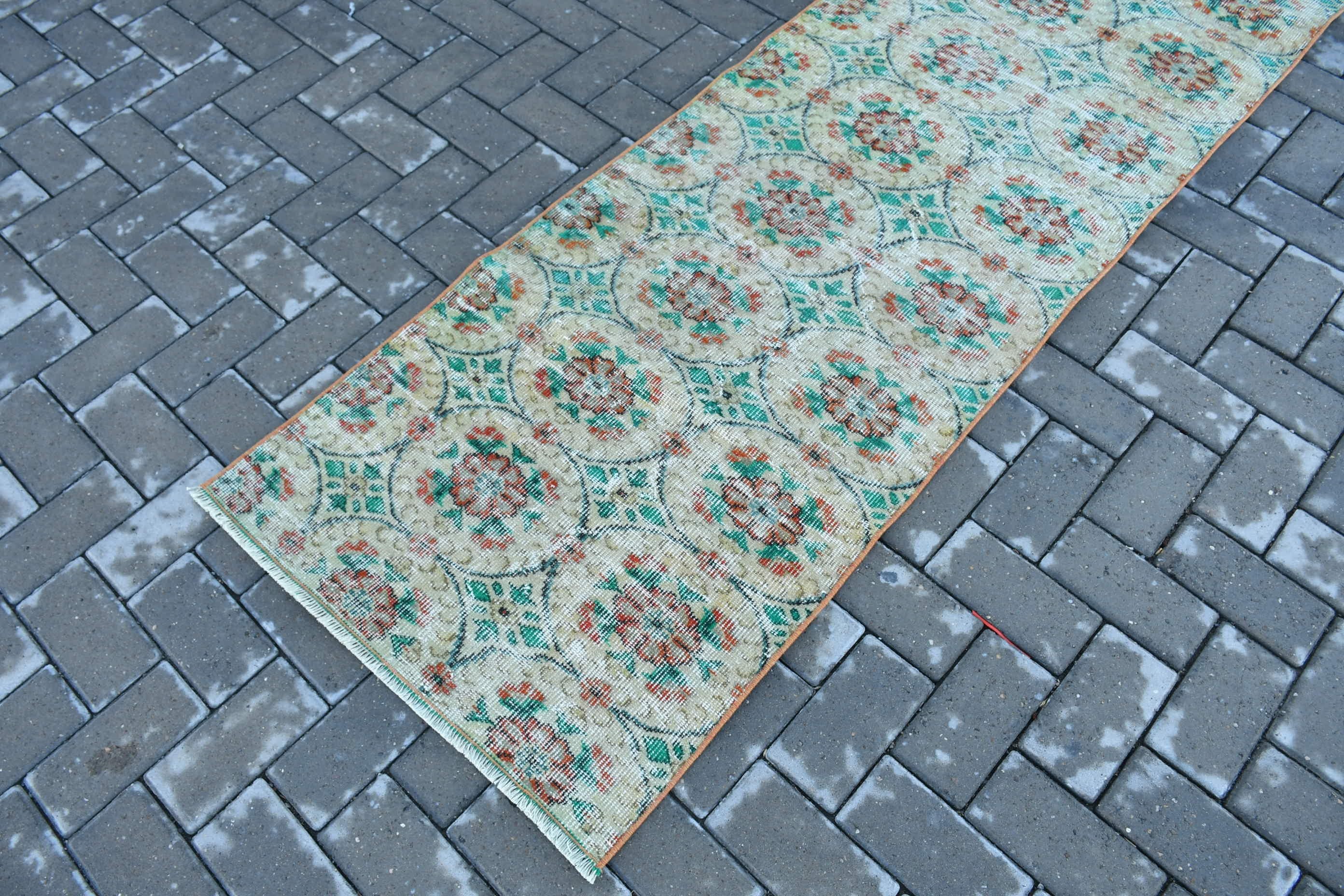 2.4x7.9 ft Runner Rug, Green Wool Rug, Turkish Rugs, Vintage Rug, Corridor Rug, Home Decor Rug, Rugs for Runner, Handmade Rug, Antique Rug