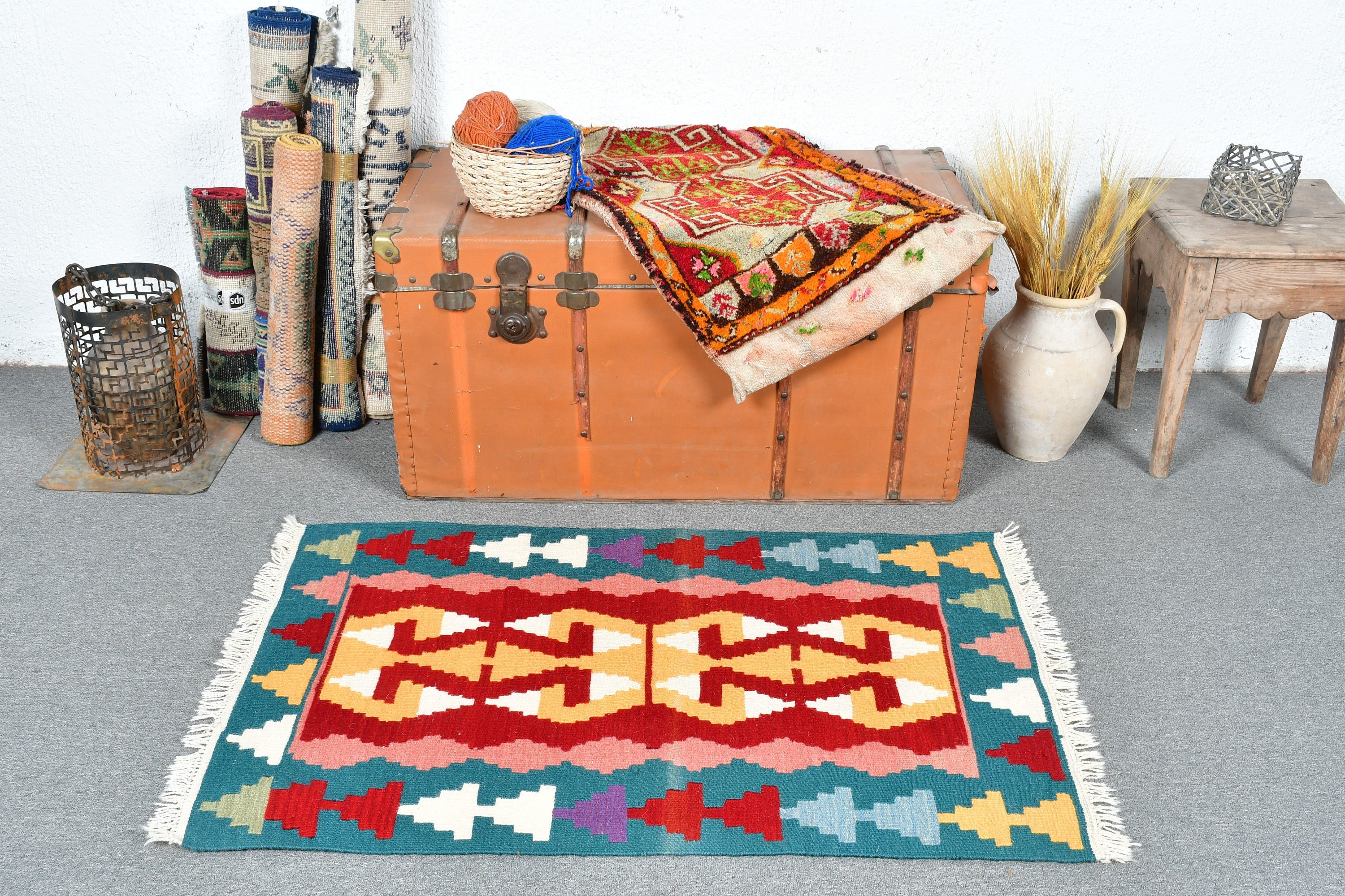 2.5x3.8 ft Small Rugs, Turkish Rug, Car Mat Rug, Oushak Rug, Kilim, Vintage Rug, Anatolian Rug, Blue Home Decor Rugs, Door Mat Rugs