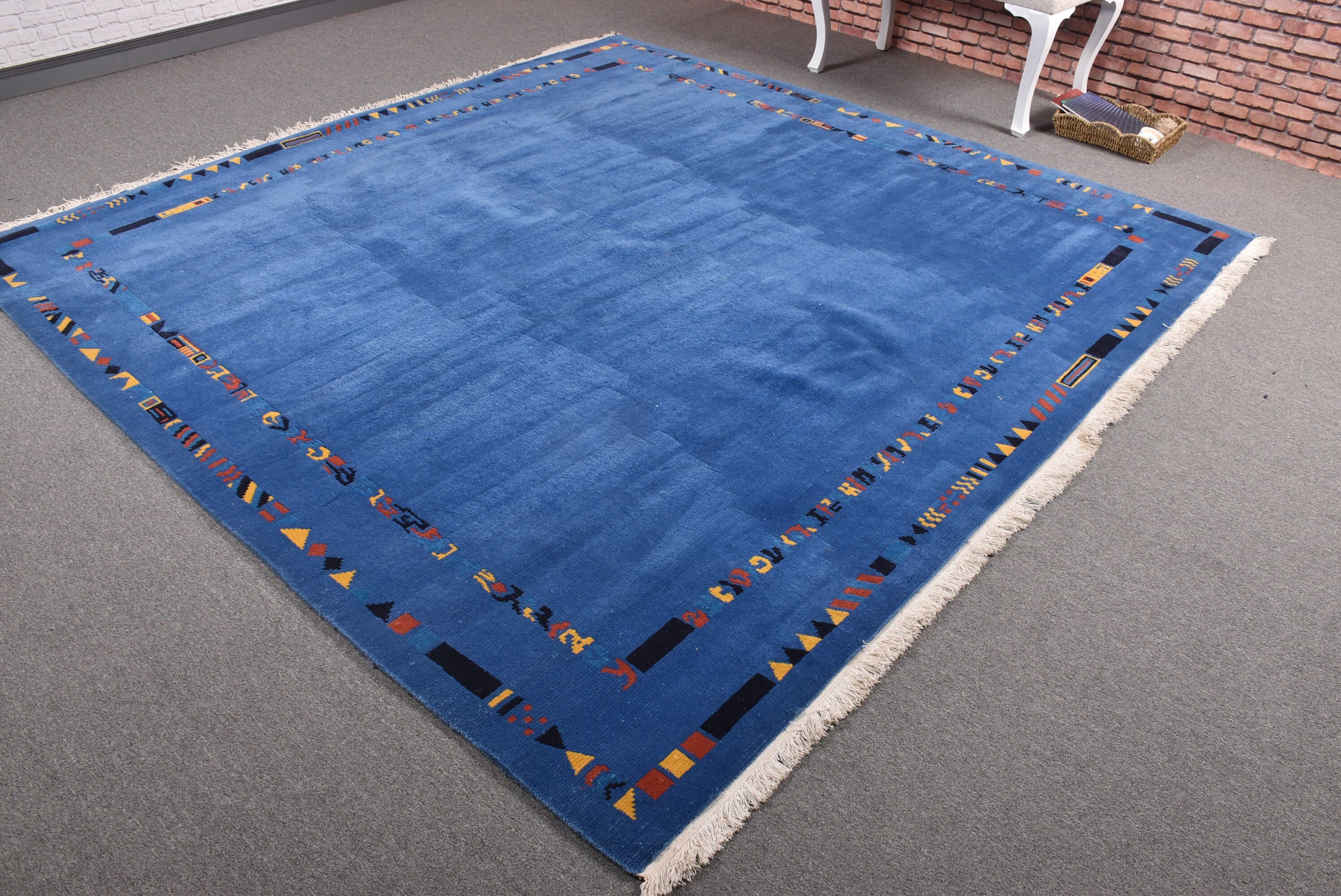 Wool Rug, Vintage Rugs, Large Oushak Rug, Blue Modern Rug, 8.1x8 ft Large Rug, Dining Room Rugs, Turkish Rugs, Neutral Rugs, Ethnic Rug