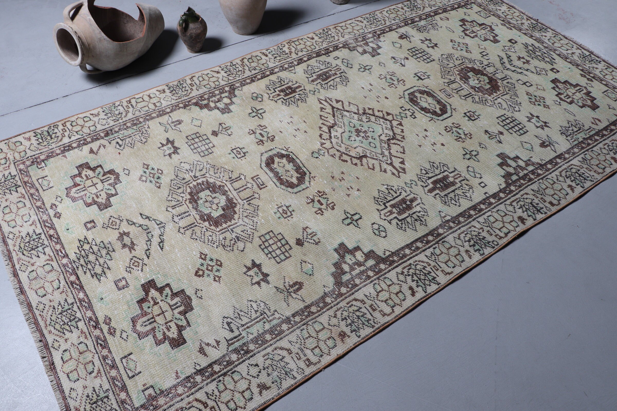 Oturma Odası Halıları, Bej Oushak Halı, Oushak Halı, Oryantal Halı, 4,6x8,6 ft Alan Halıları, İç Mekan Halıları, Sanat Halıları, Vintage Halı, Türk Halıları